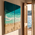 Ocean Resin Art Diptych with Palm Shadows | Mediterranean Coastal Wall Art