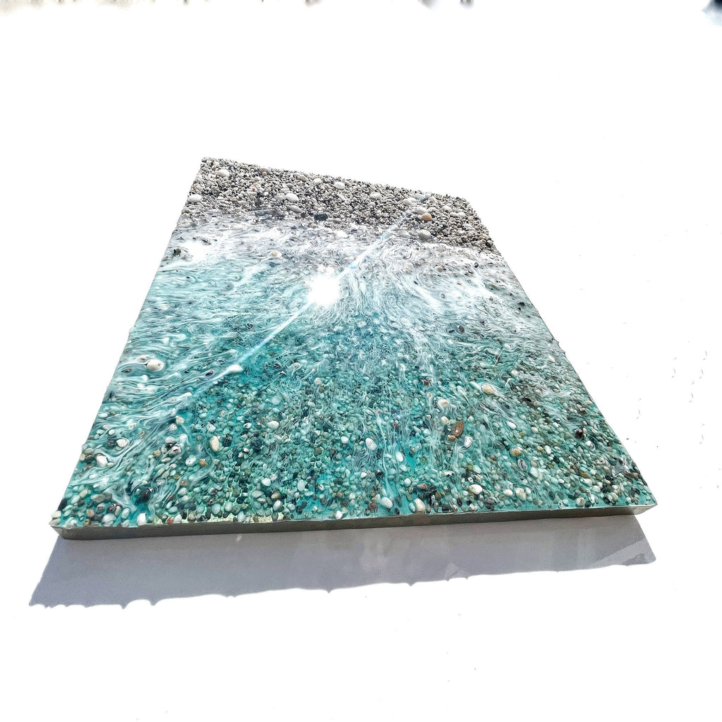 Playa de los Muertos Resin Ocean Art – Real Sand & Shell Beach Wall Art – Handmade Coastal Artwork – Textured Epoxy Sea Painting