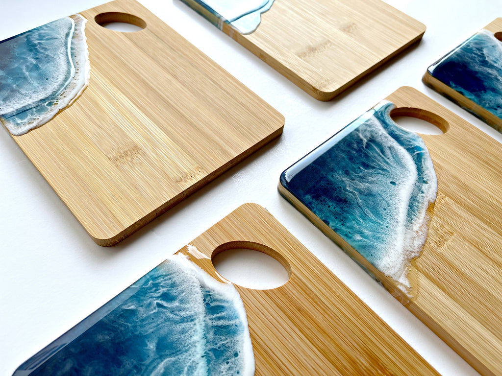 Handmade bamboo boards with resin ocean waves, inspired by the sea. Each piece is made to order and completely unique (20CM)