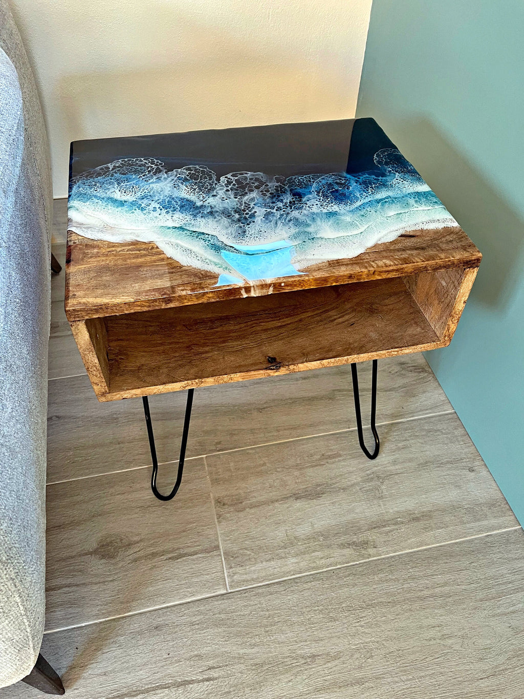 Handmade Ocean Resin Bedside Table – Wooden Nightstand with Resin Top