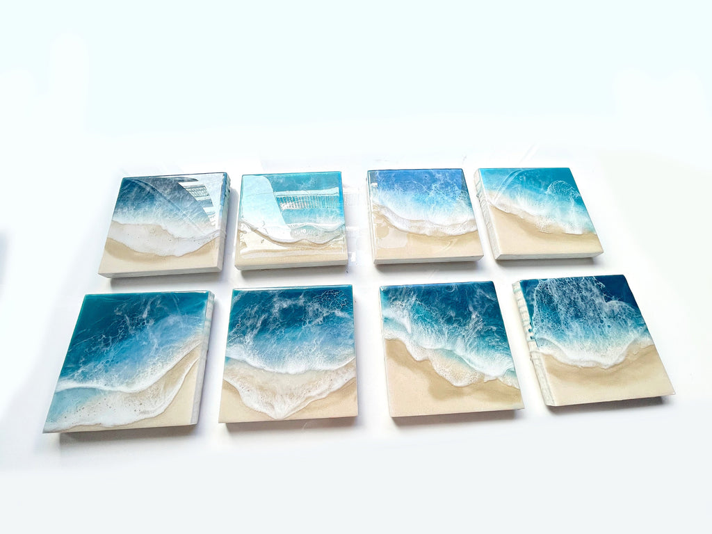 Ocean Resin Pour Art: Golden Sand, Lacey Waves (20cm x 20cm)