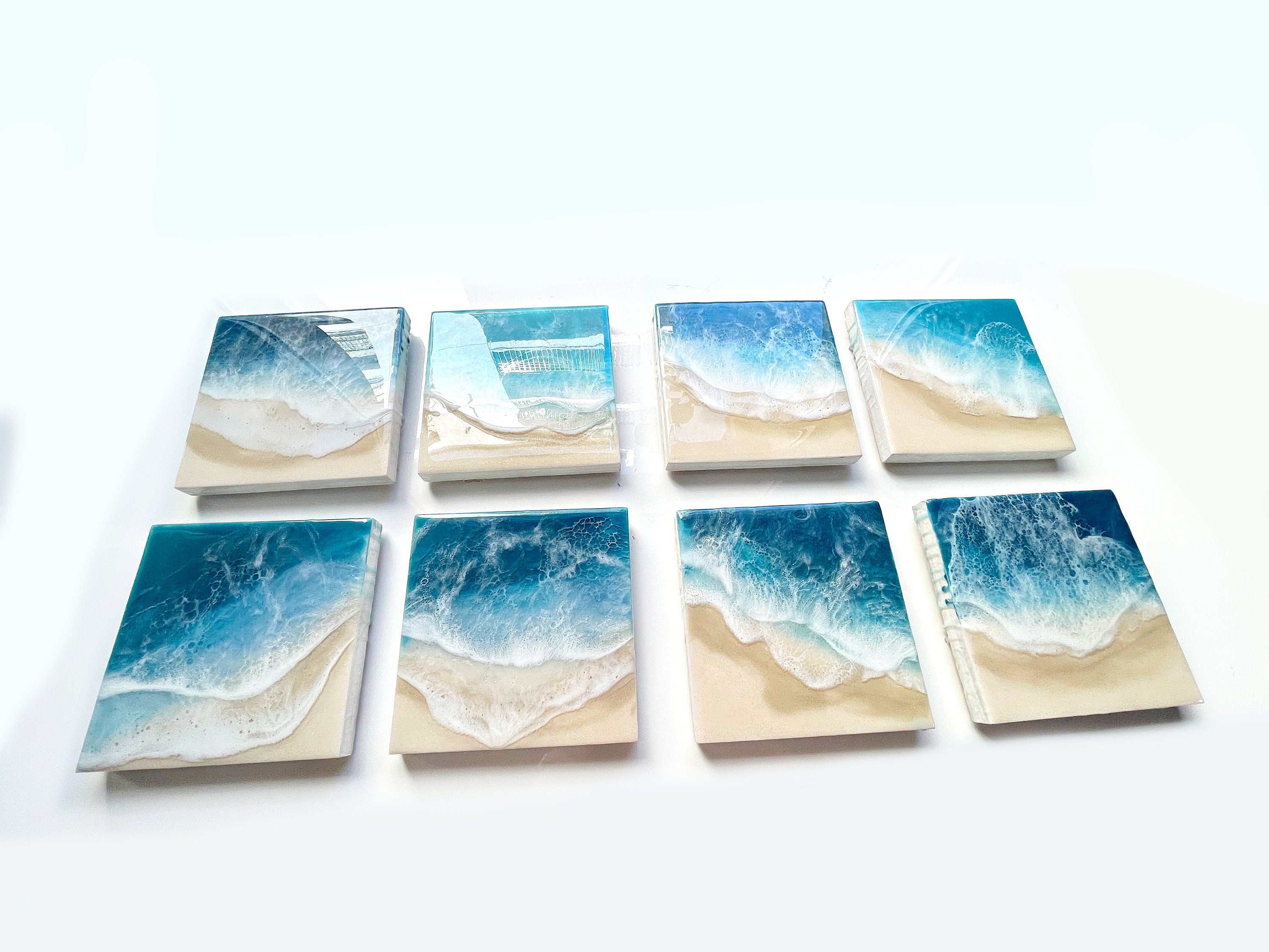 Ocean Resin Pour Art: Golden Sand, Lacey Waves (20cm x 20cm)