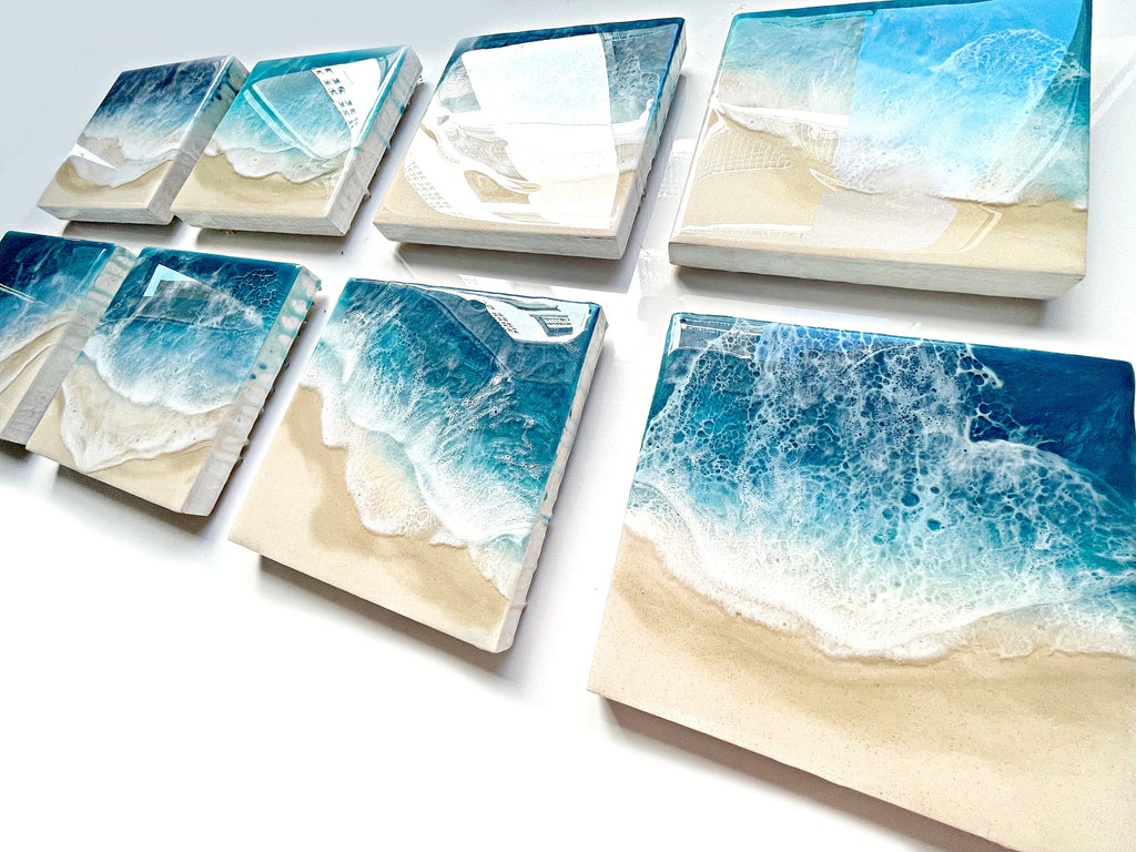 Ocean Resin Pour Art: Golden Sand, Lacey Waves (20cm x 20cm)