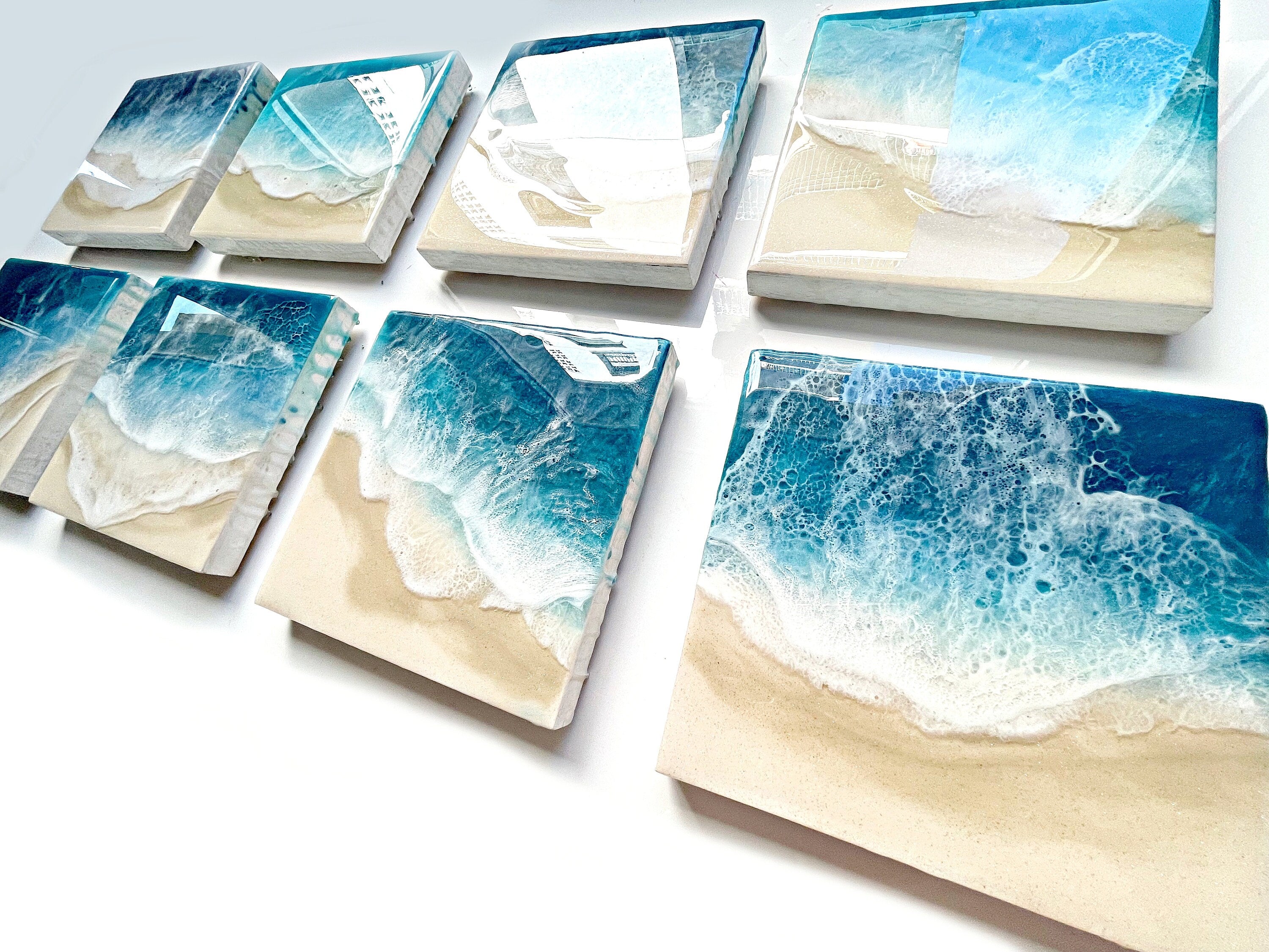 Ocean Resin Pour Art: Golden Sand, Lacey Waves (20cm x 20cm)