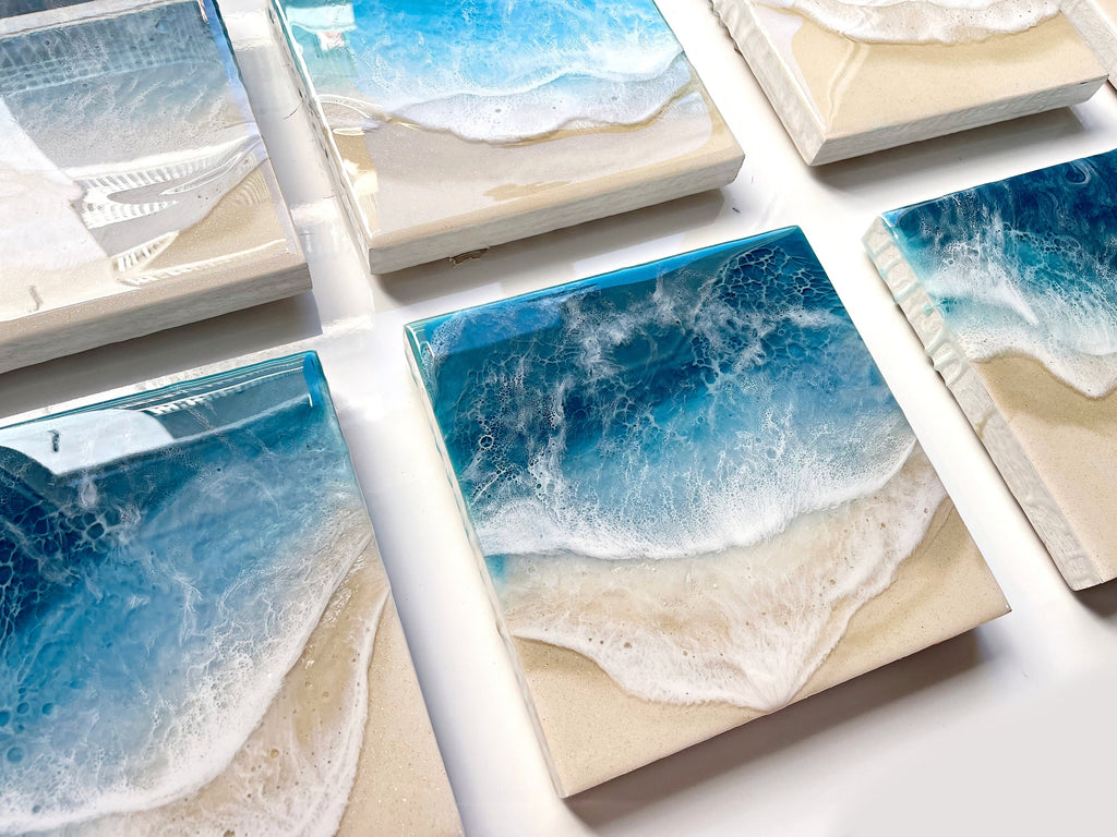 Ocean Resin Pour Art: Golden Sand, Lacey Waves (20cm x 20cm)