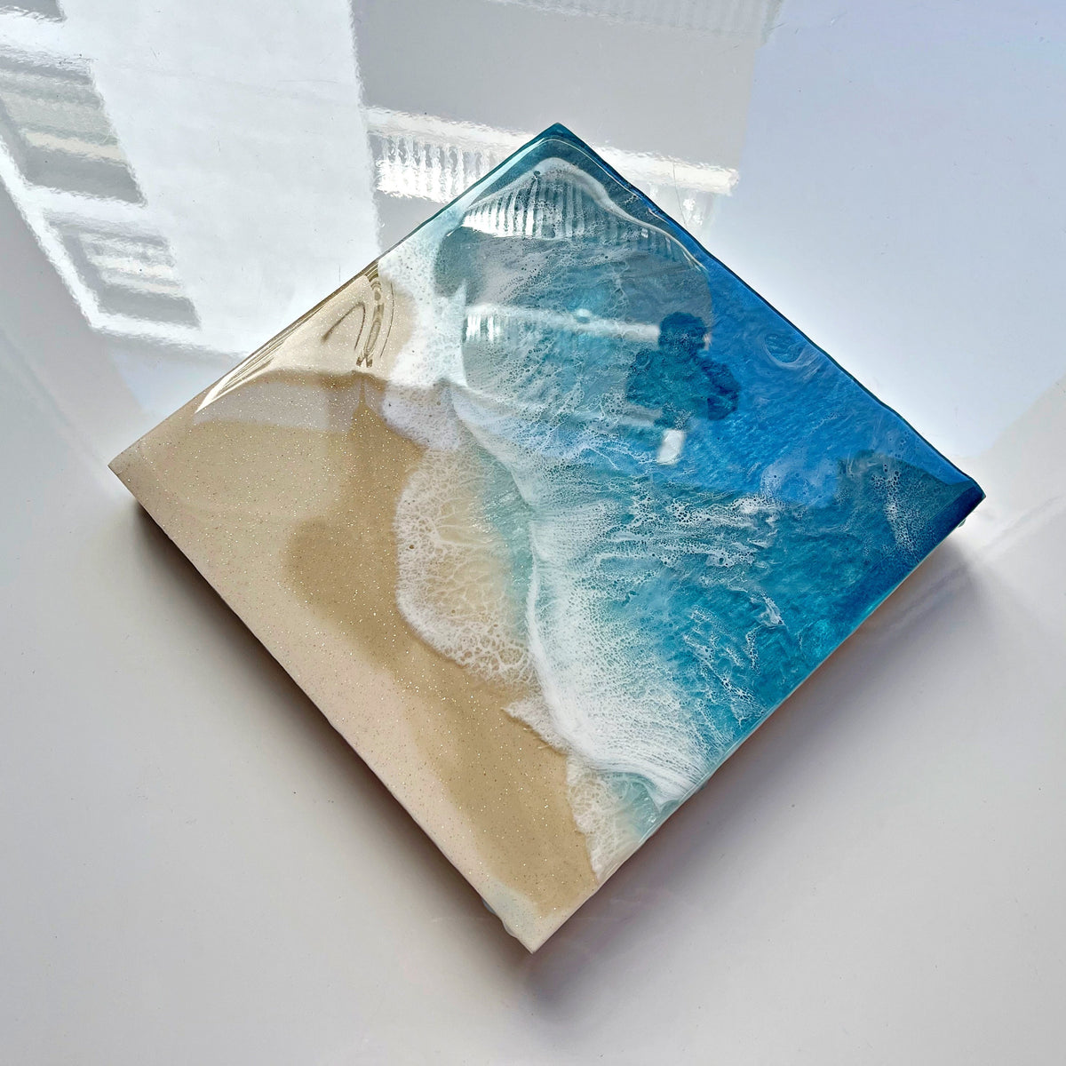 Ocean Resin Pour Art: Golden Sand, Lacey Waves (20cm x 20cm)