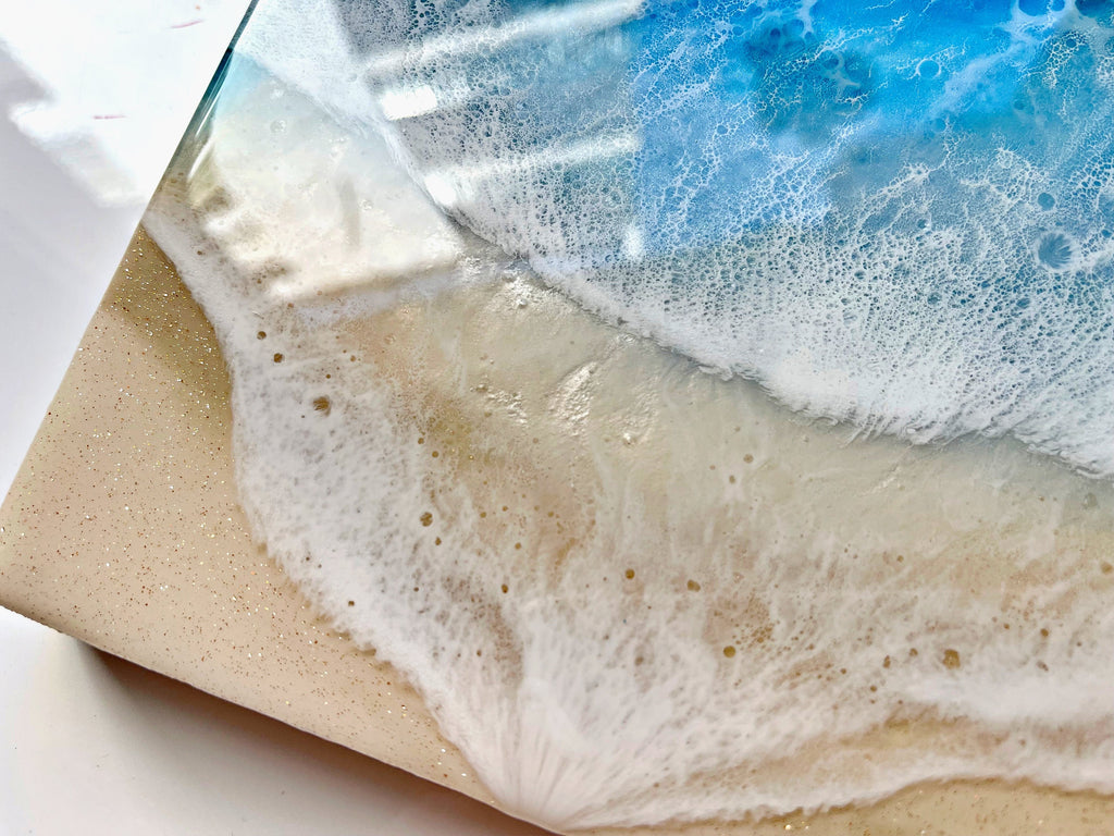 Ocean Resin Pour Art: Golden Sand, Lacey Waves (20cm x 20cm)