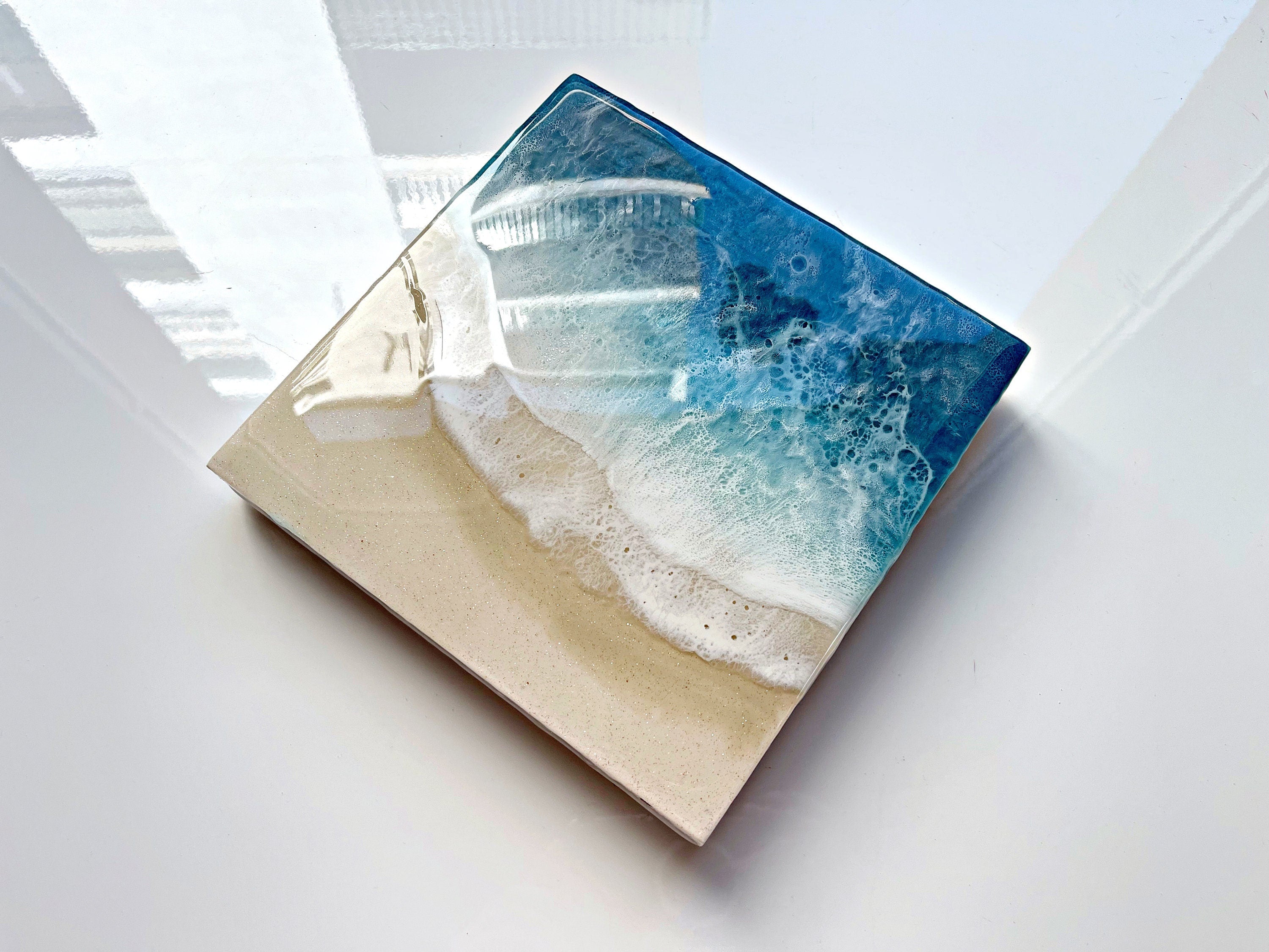 Ocean Resin Pour Art: Golden Sand, Lacey Waves (20cm x 20cm)