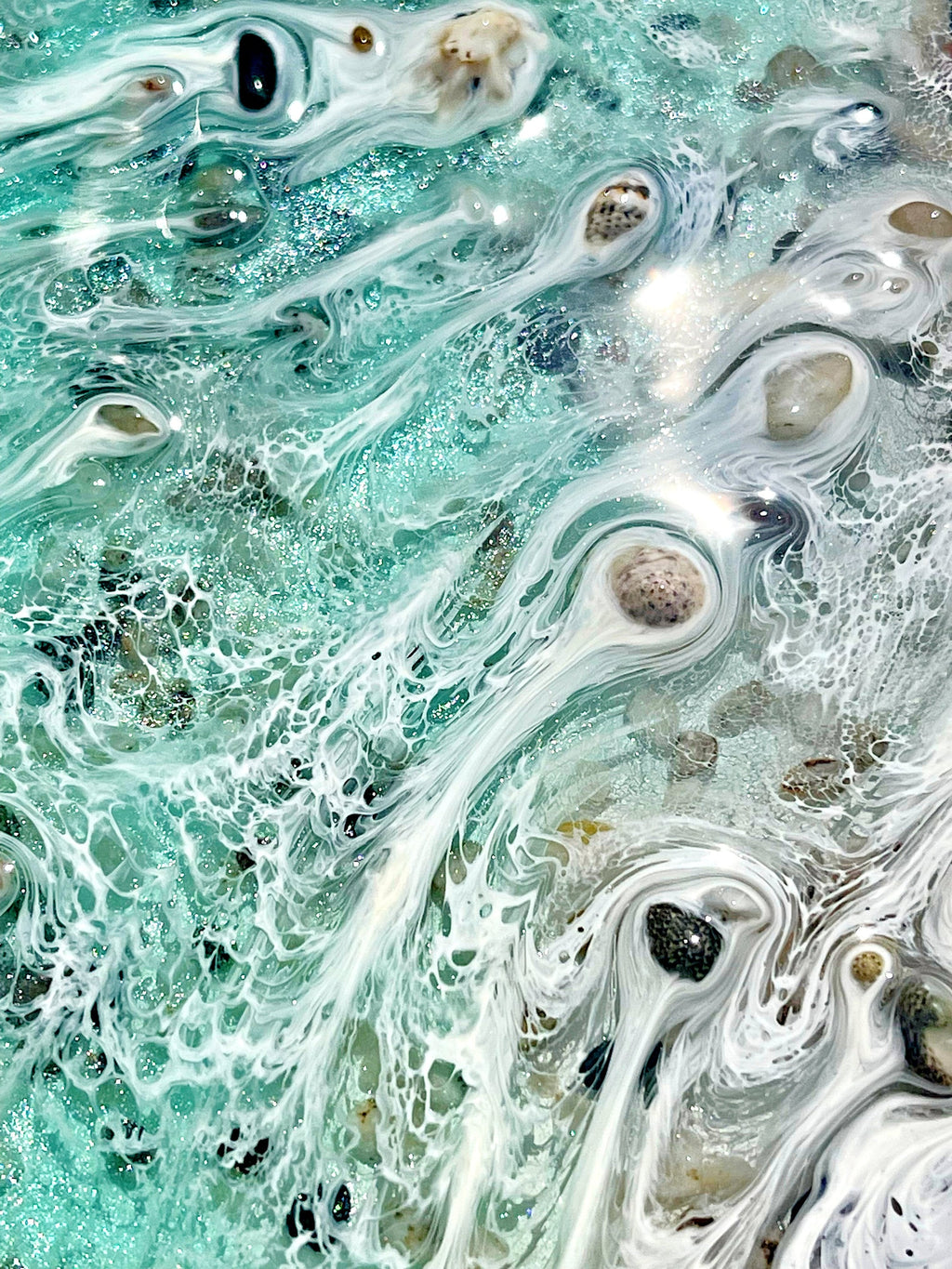 Playa de los Muertos Resin Ocean Art – Real Sand & Shell Beach Wall Art – Large Handmade Coastal Artwork – Textured Epoxy Sea Painting