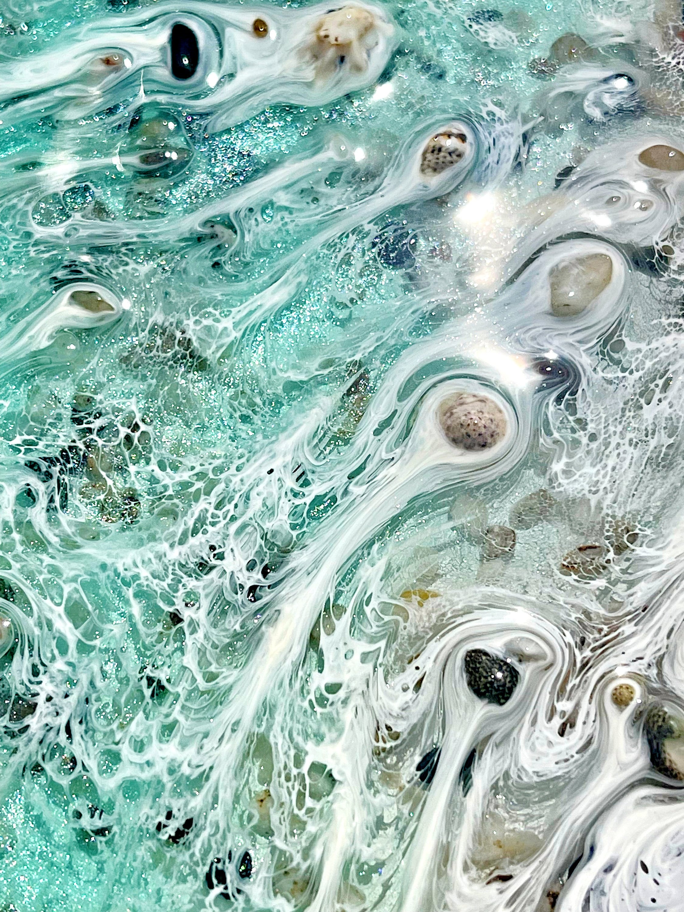 Playa de los Muertos Resin Ocean Art – Real Sand & Shell Beach Wall Art – Large Handmade Coastal Artwork – Textured Epoxy Sea Painting