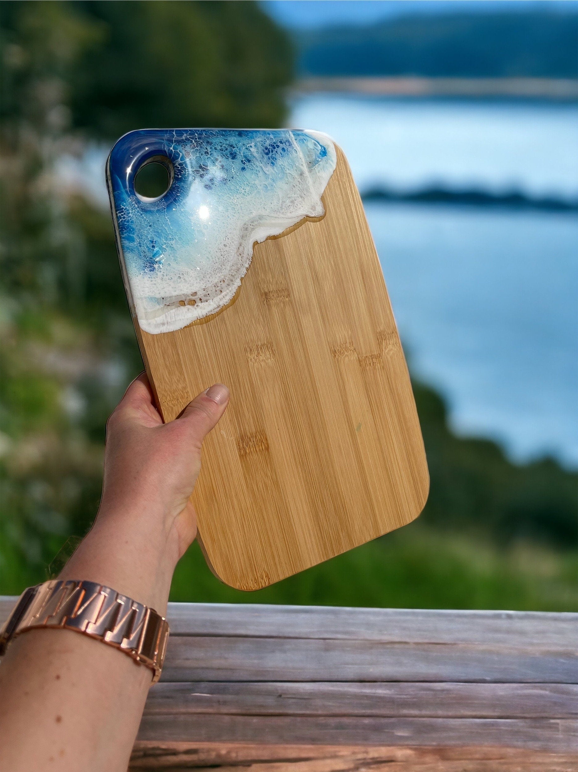 Resin Wave Bamboo Serving Board: Ocean Decor Cheese Board (30CM)