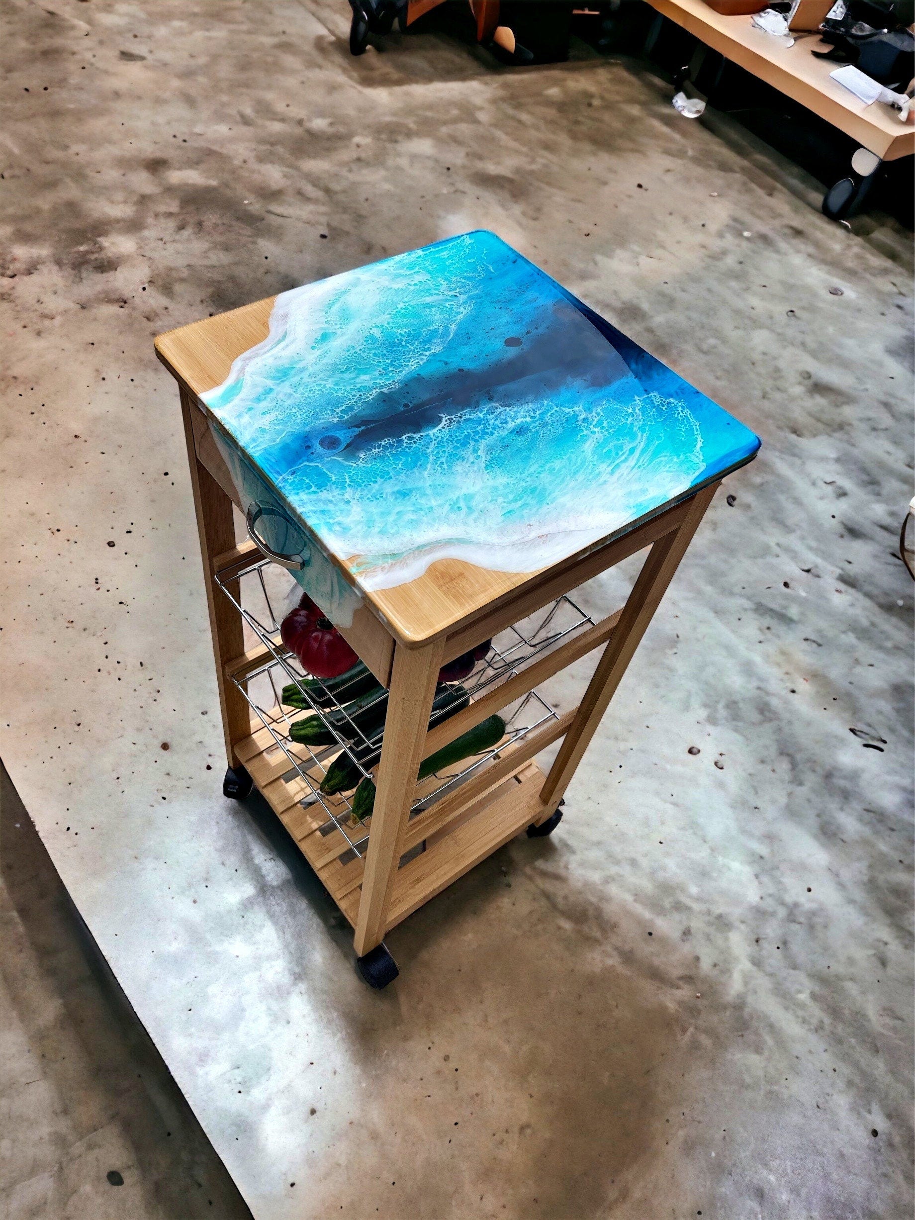 Handmade Bamboo Kitchen Trolley with Ocean Resin Top – Coastal Storage Cart on Wheels, Functional Art Furniture