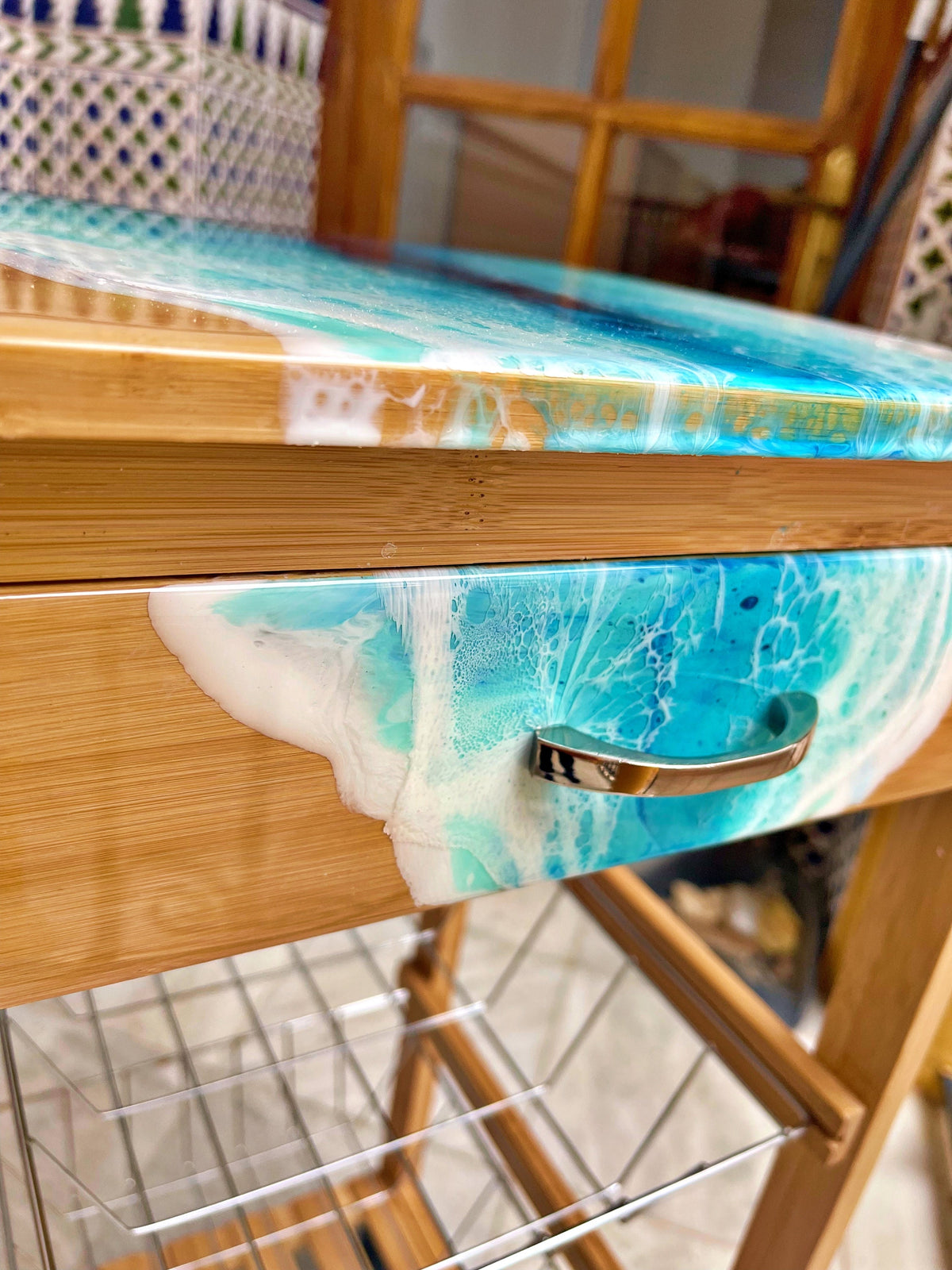 Handmade Bamboo Kitchen Trolley with Ocean Resin Top – Coastal Storage Cart on Wheels, Functional Art Furniture