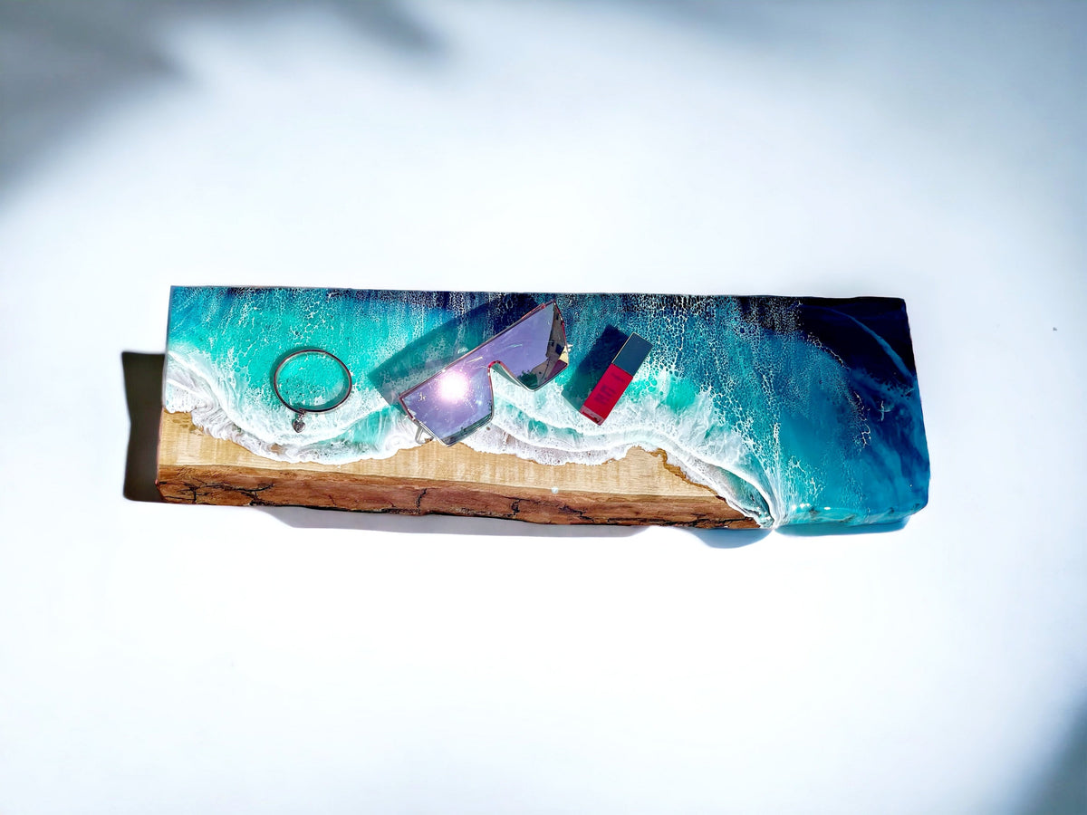 Resin Ocean Wave Oak Floating Shelf, Coastal Decor (60cm)