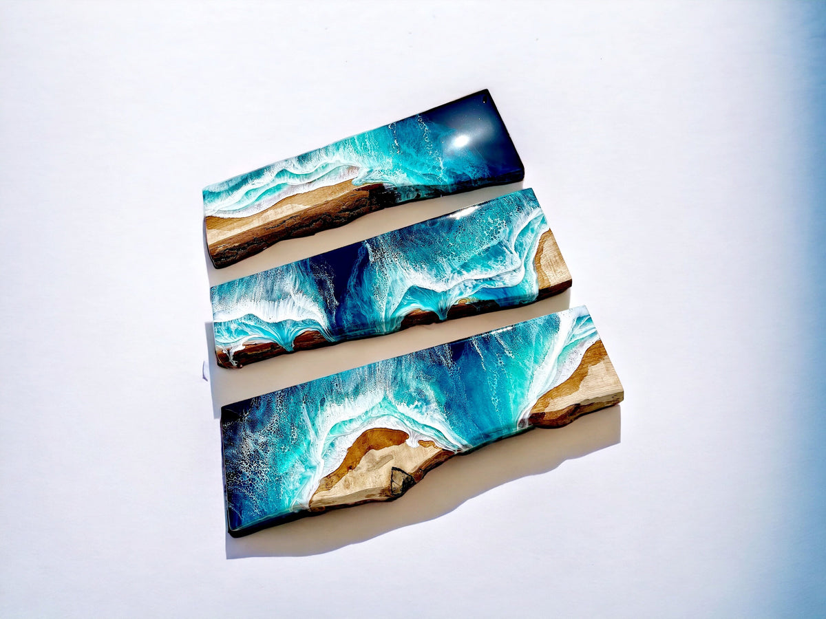 Luxury Ocean Floating Shelves Set of 3 (60cm Each) | Handmade Resin Coastal Wall Decor | Rustic Oak Beach House Shelves