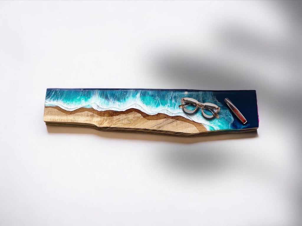 Handmade Resin Ocean Floating Oak Shelf: Coastal Beach House Decor (90 cm)