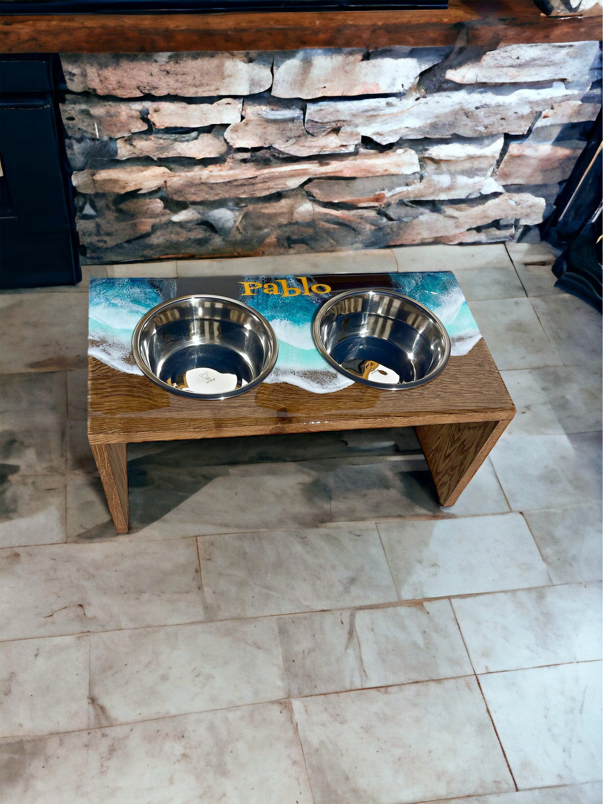 Personalized Pet Bowl Stand: Ocean Wave Resin Decor, Custom Dog Feeder