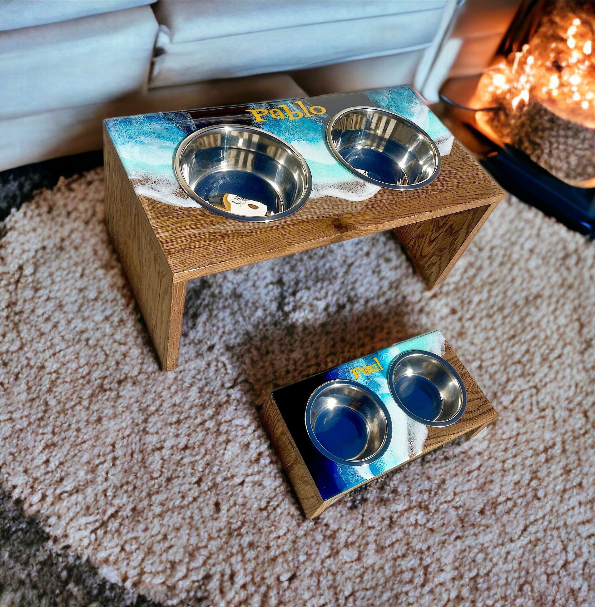 Personalized Pet Bowl Stand: Ocean Wave Resin Decor, Custom Dog Feeder