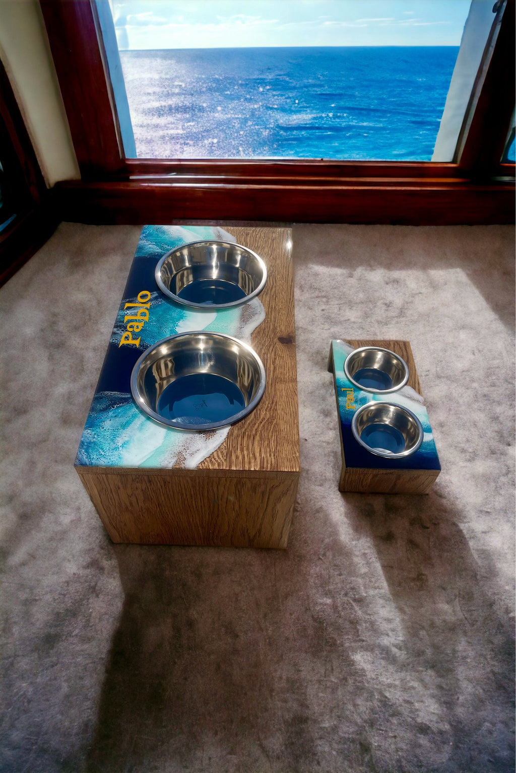 Personalized Pet Bowl Stand: Ocean Wave Resin Decor, Custom Dog Feeder
