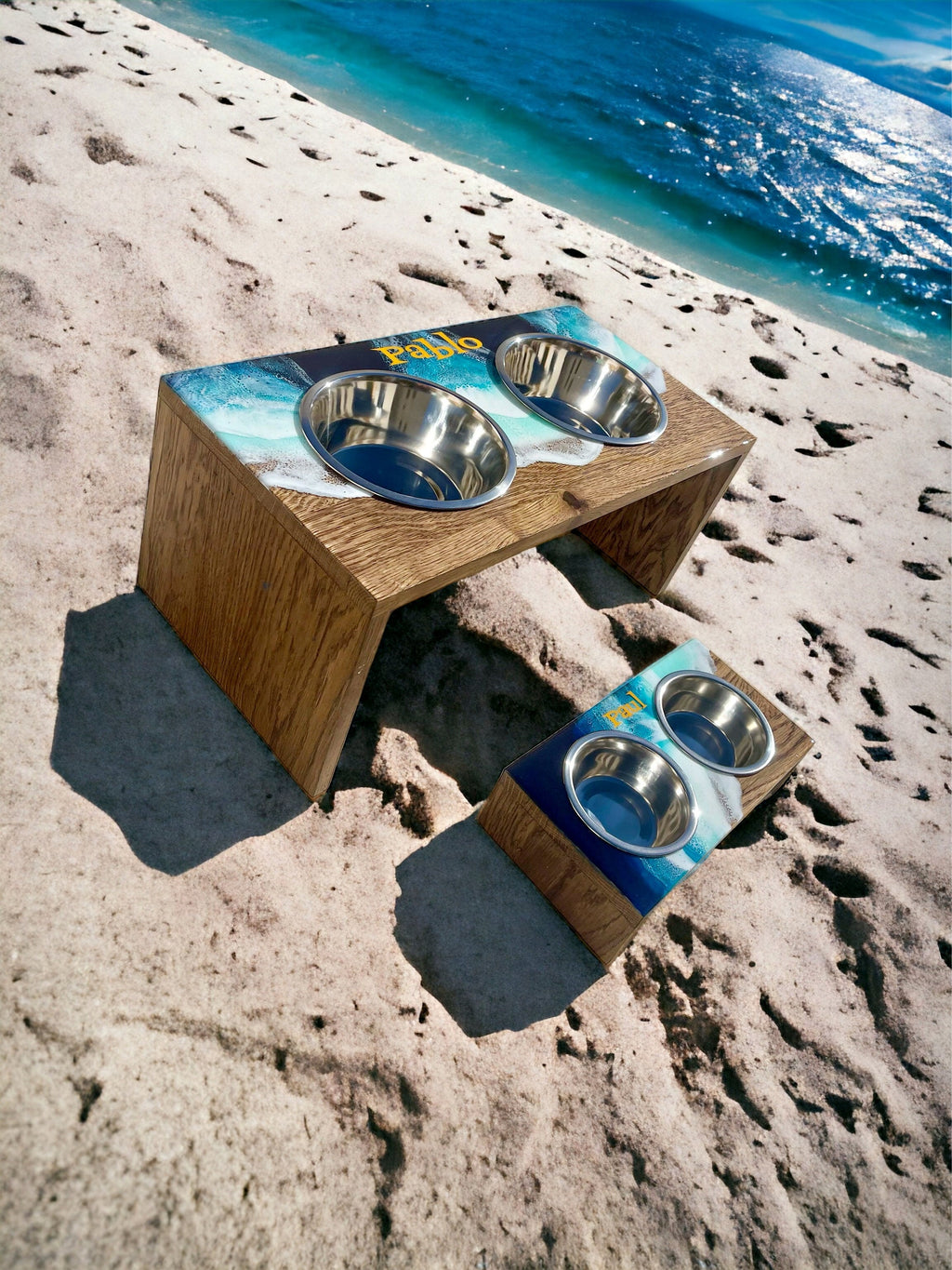 Personalized Pet Bowl Stand: Ocean Wave Resin Decor, Custom Dog Feeder