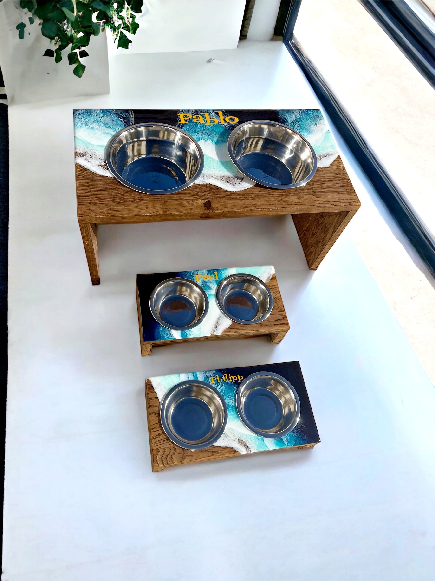 Personalized Pet Bowl Stand: Ocean Wave Resin Decor, Custom Dog Feeder