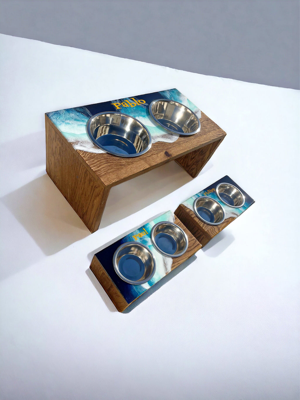 Personalized Pet Bowl Stand: Ocean Wave Resin Decor, Custom Dog Feeder