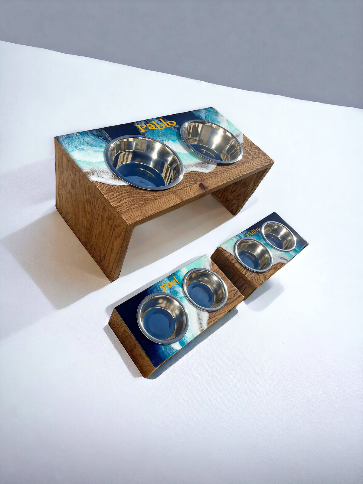 Personalized Pet Bowl Stand: Ocean Wave Resin Decor, Custom Dog Feeder