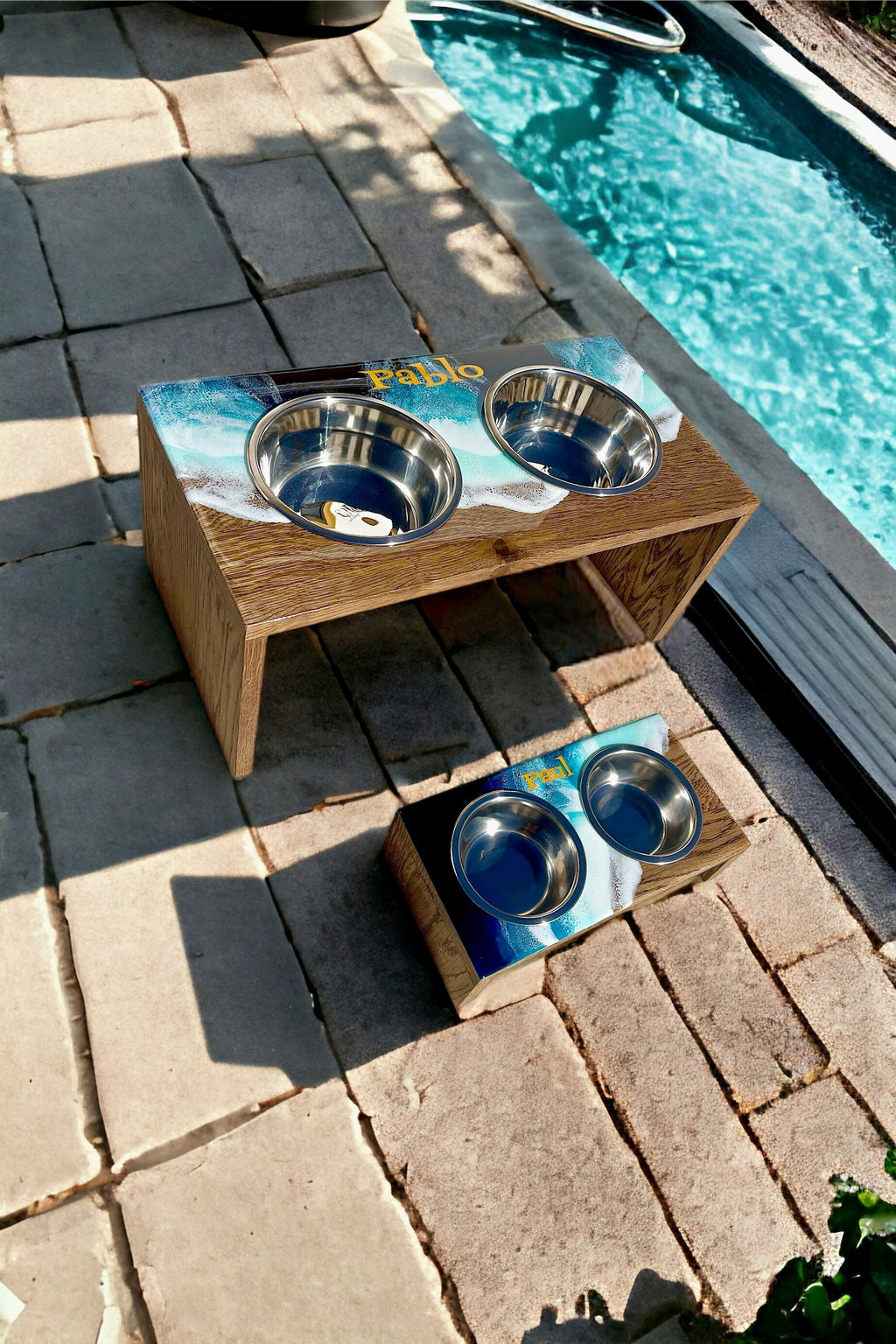 Personalized Pet Bowl Stand: Ocean Wave Resin Decor, Custom Dog Feeder