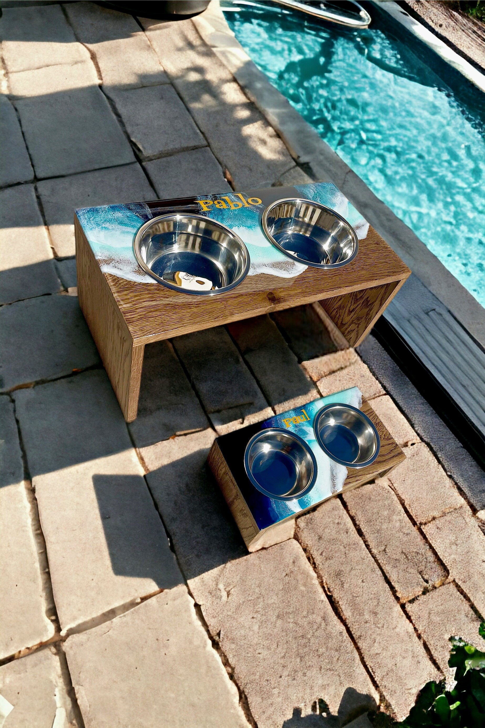 Personalized Pet Bowl Stand: Ocean Wave Resin Decor, Custom Dog Feeder