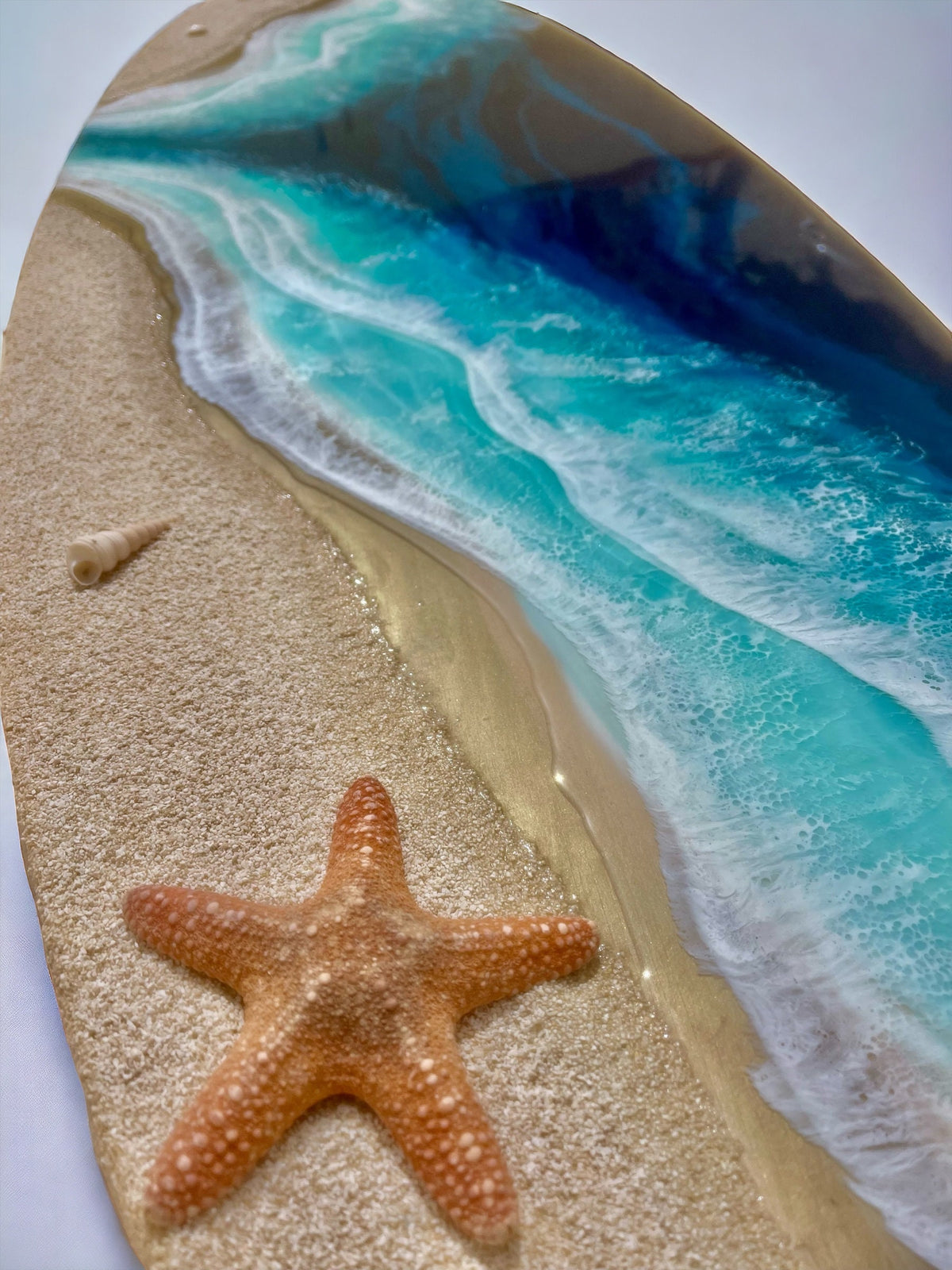 Extra Wide Resin Surfboard Wall Art | 150 cm Ocean Wave Decor | Real Coral Sand & Starfish | Handmade Coastal Resin Art on Solid Pinewood