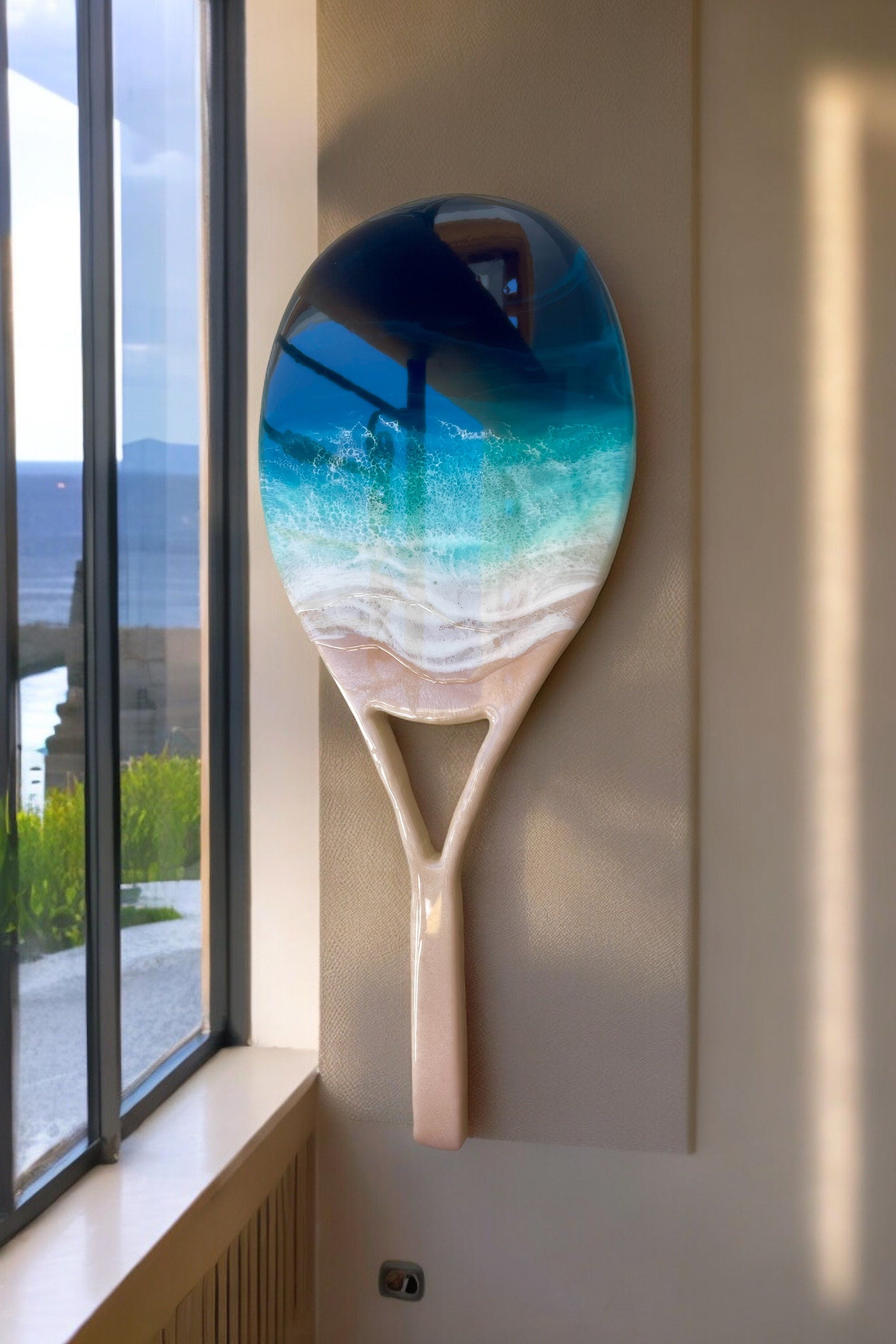 Resin Ocean Art Tennis Racket: Coastal Wall Decor