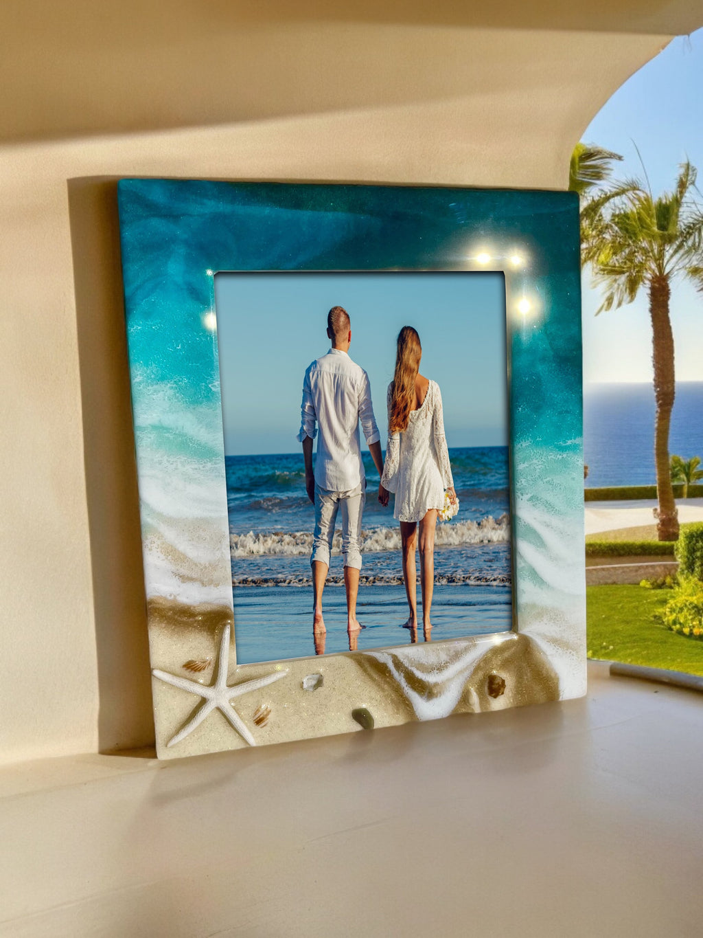 Handmade Ocean Resin Picture Frame – Coastal Photo Frame with Starfish & Seashells, Beach Home Decor Gift