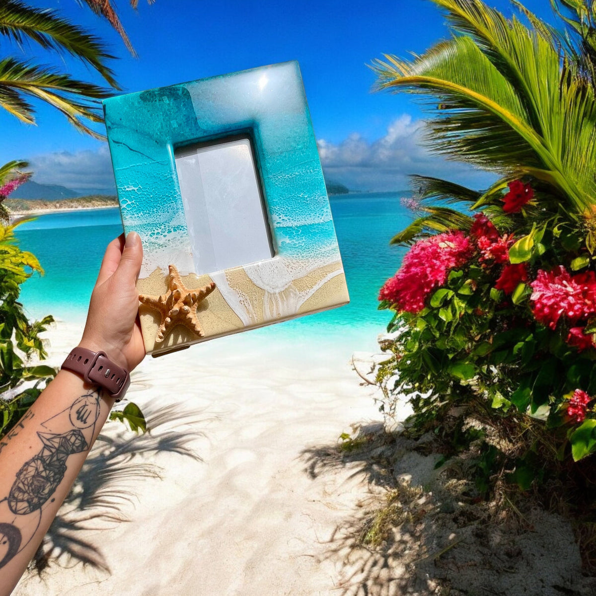 Handmade Ocean Resin Picture Frame – Coastal Photo Frame with Starfish & Seashells, Beach Home Decor Gift