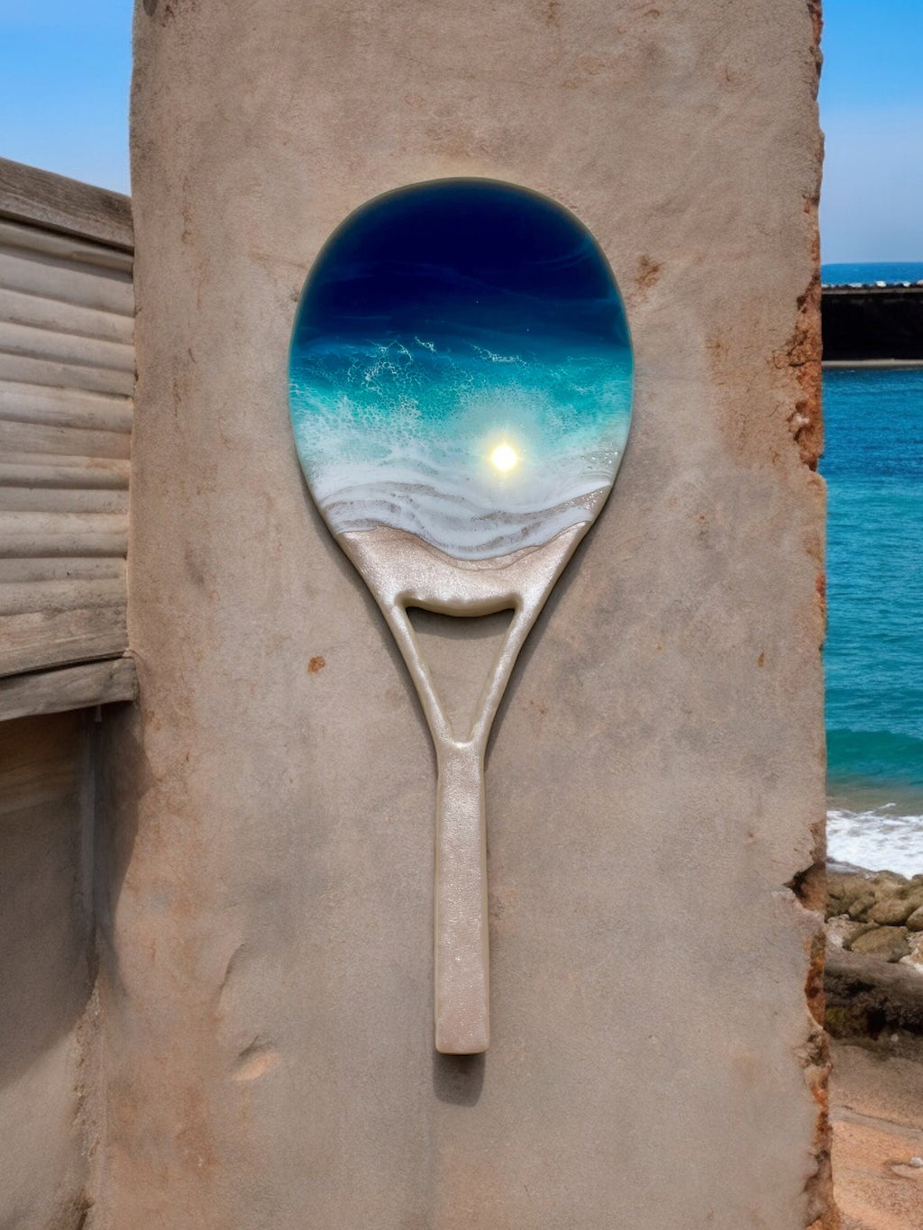 Resin Ocean Art Tennis Racket: Coastal Wall Decor