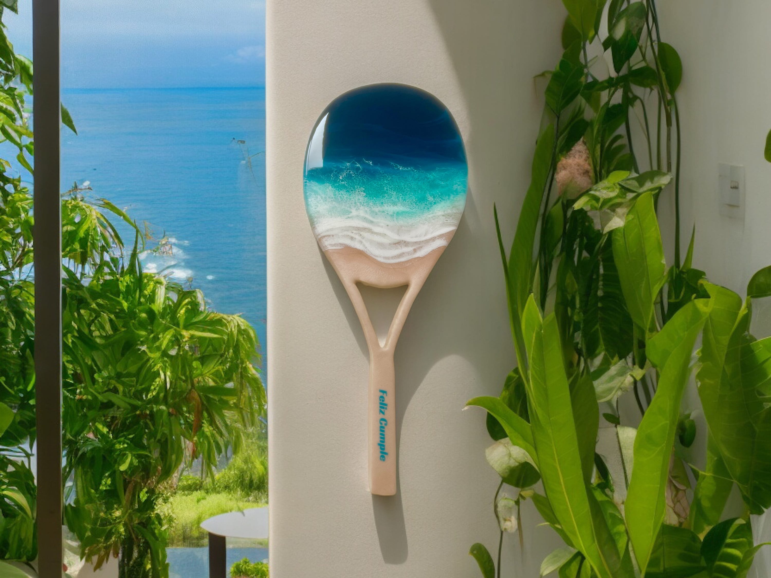 Resin Ocean Art Tennis Racket: Coastal Wall Decor