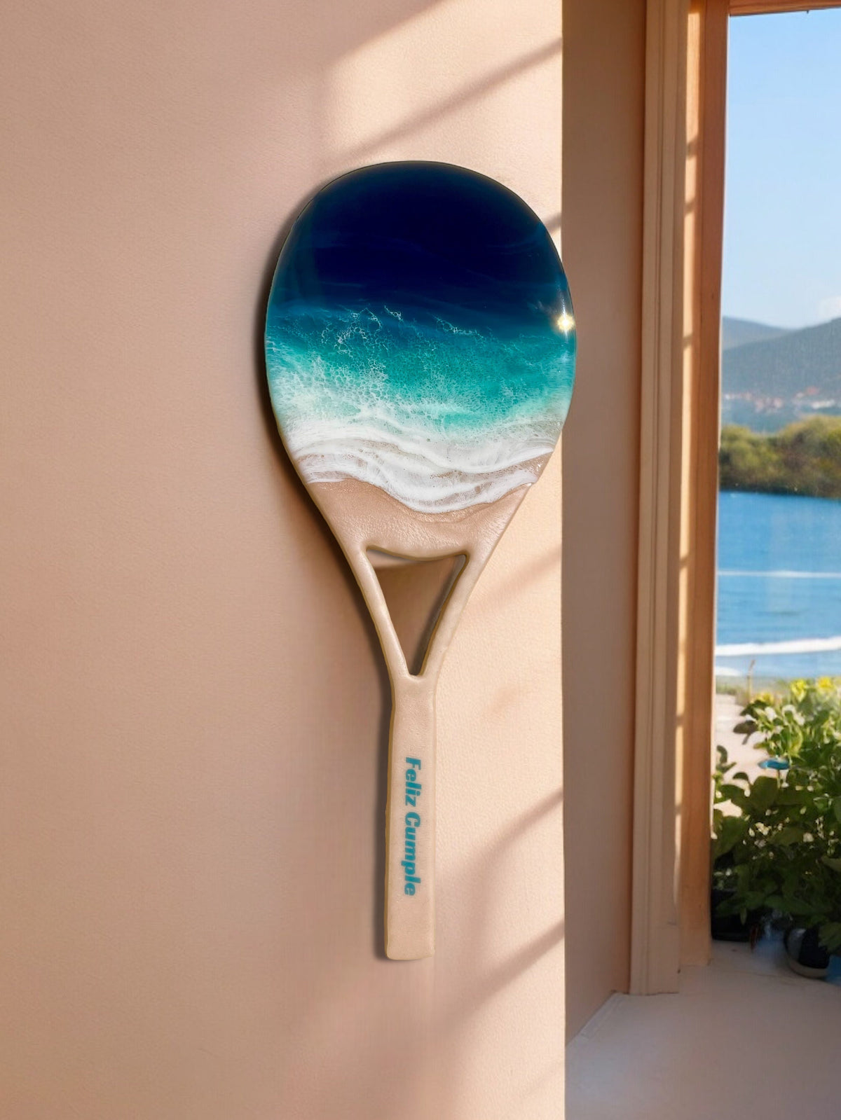 Resin Ocean Art Tennis Racket: Coastal Wall Decor