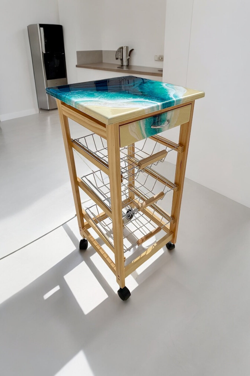Handmade Bamboo Kitchen Trolley with Ocean Resin Top – Coastal Storage Cart on Wheels, Functional Art Furniture