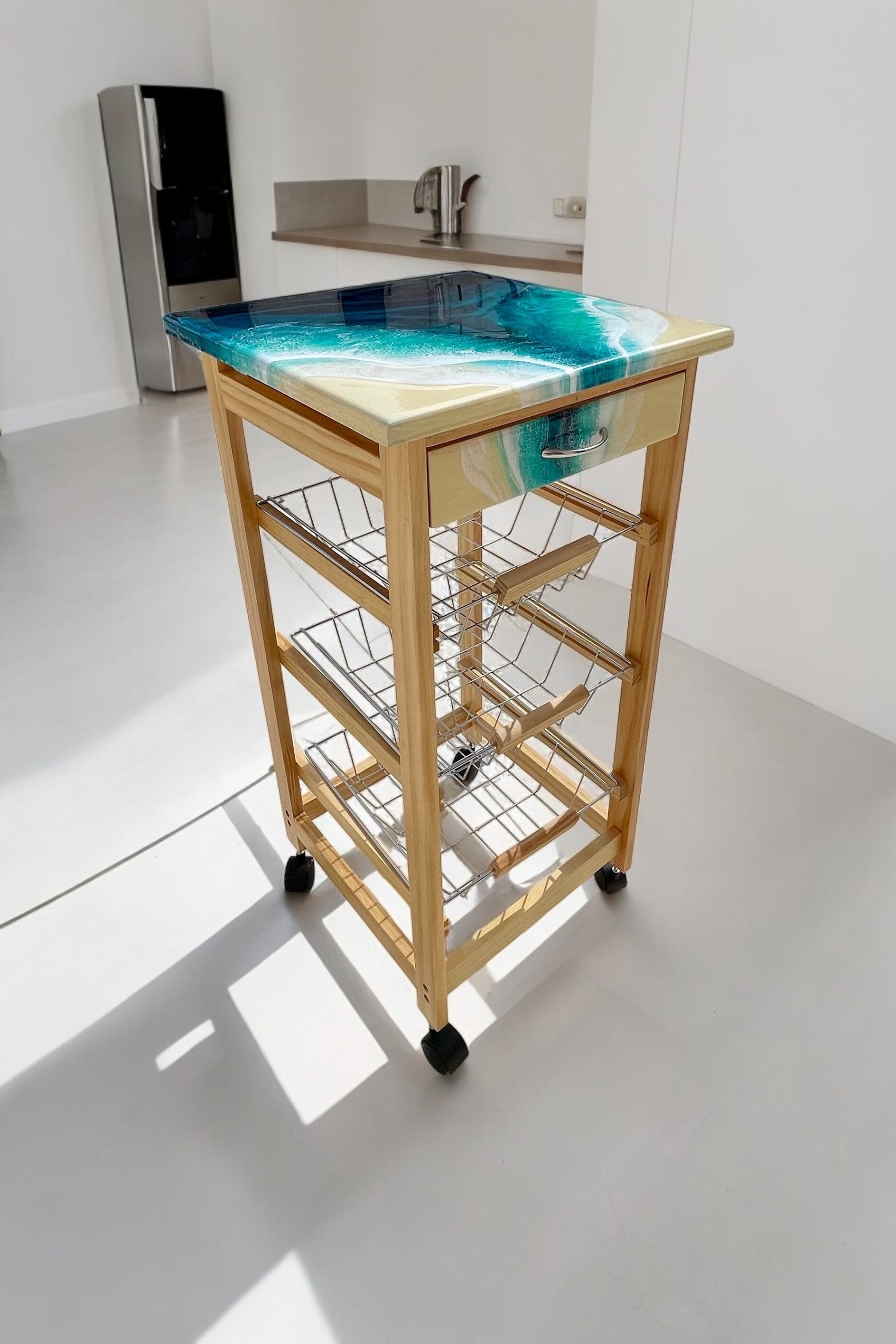 Handmade Bamboo Kitchen Trolley with Ocean Resin Top – Coastal Storage Cart on Wheels, Functional Art Furniture
