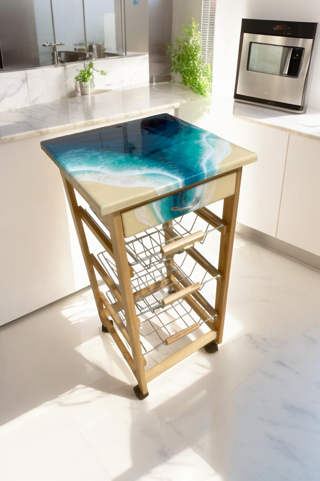 Handmade Bamboo Kitchen Trolley with Ocean Resin Top – Coastal Storage Cart on Wheels, Functional Art Furniture