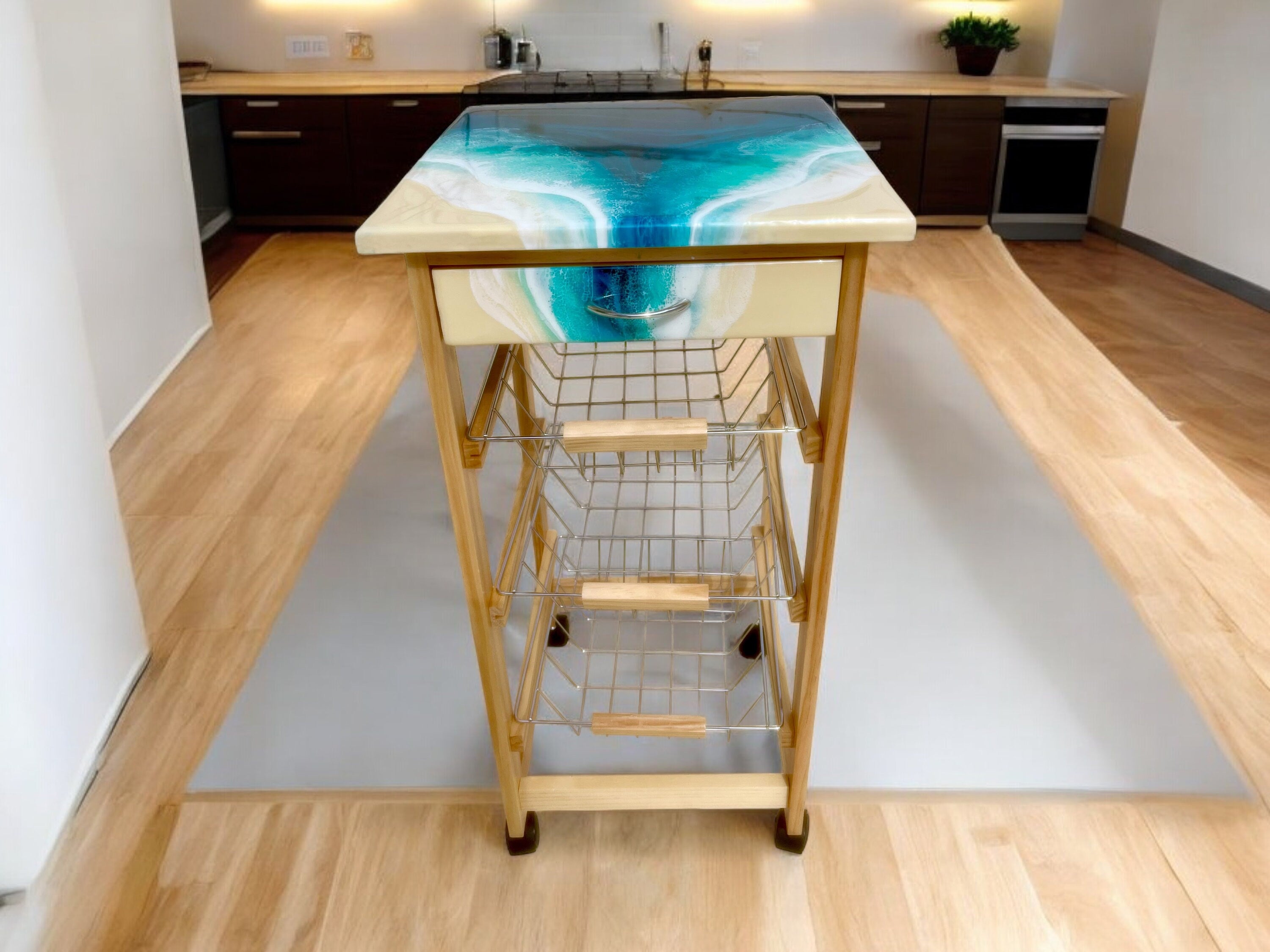 Handmade Bamboo Kitchen Trolley with Ocean Resin Top – Coastal Storage Cart on Wheels, Functional Art Furniture