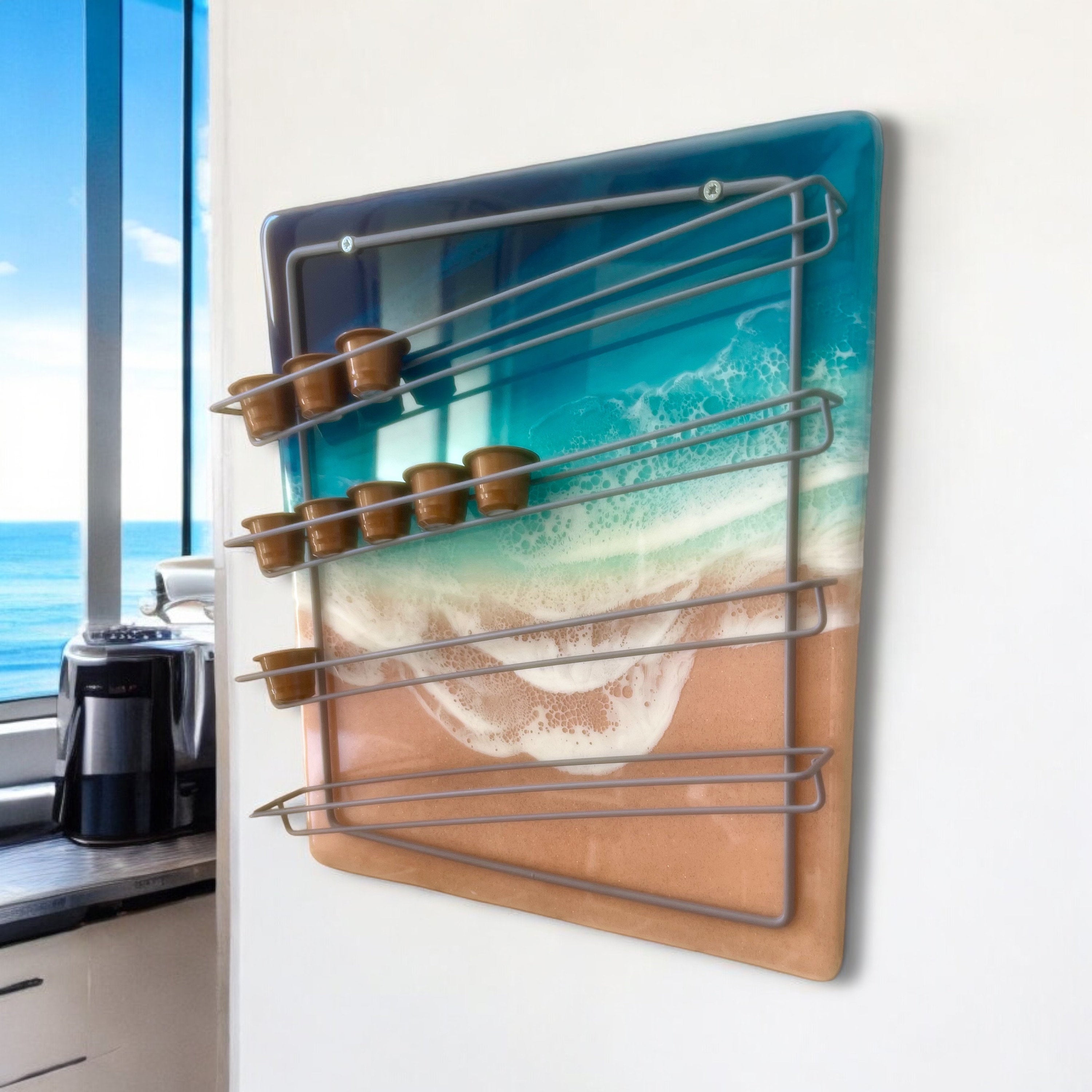 Luxury Resin Coffee Pod Holder | Ocean Wave Capsule Rack | Coastal Kitchen Wall Decor | Handmade Beach Art Storage | Functional Art