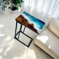 Side table in mango wood, with decorative resin ocean motive