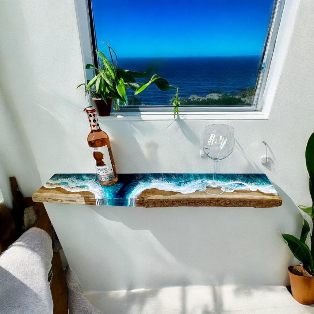 Handmade Resin Ocean Floating Oak Shelf: Coastal Beach House Decor (90 cm)