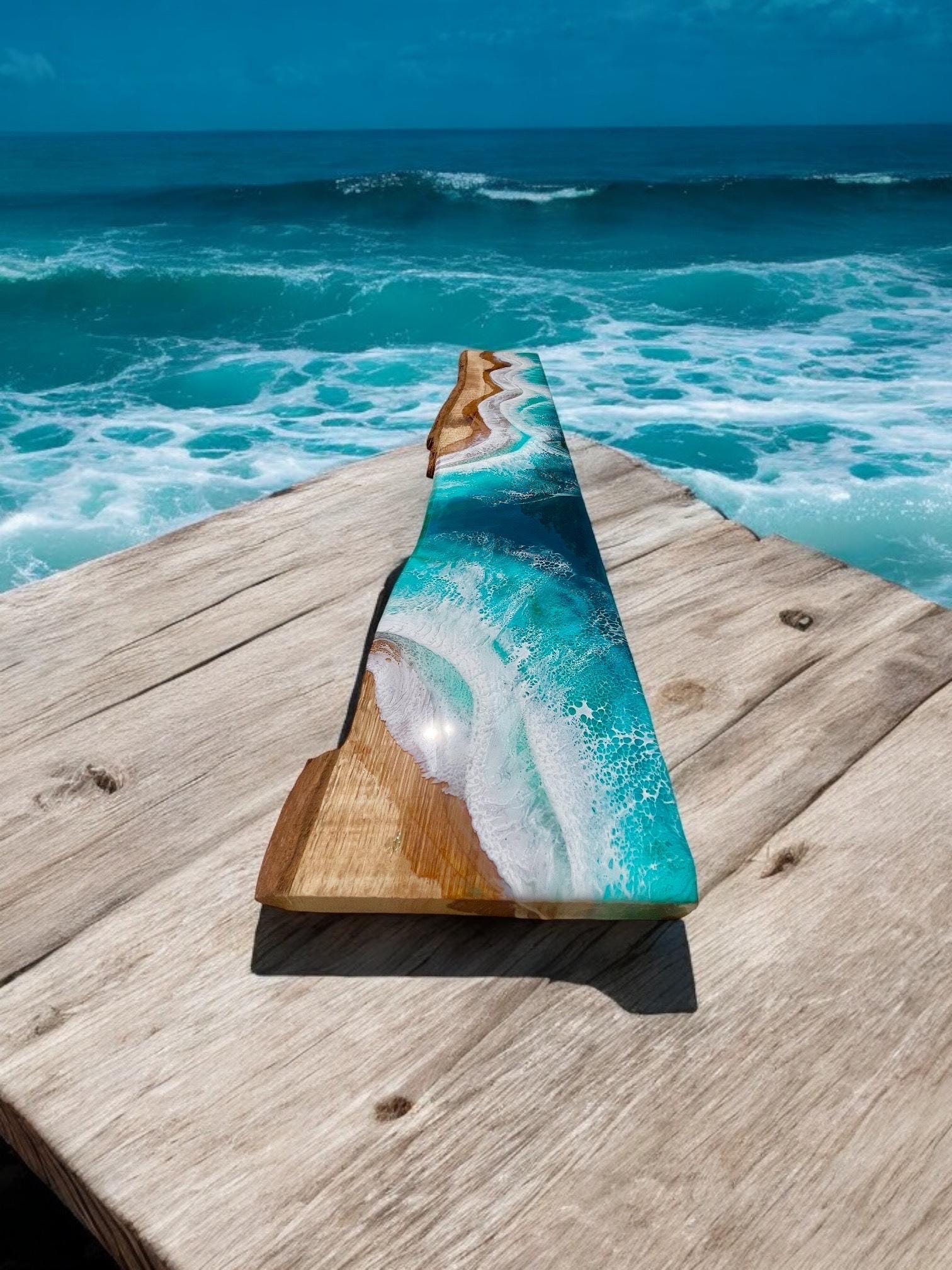 Set of 2 Real Oak Resin Ocean Floating Shelves 90cm | Coffee Station Shelf with Mug Rack | Handmade Coastal Wall Shelves | Beach House Decor