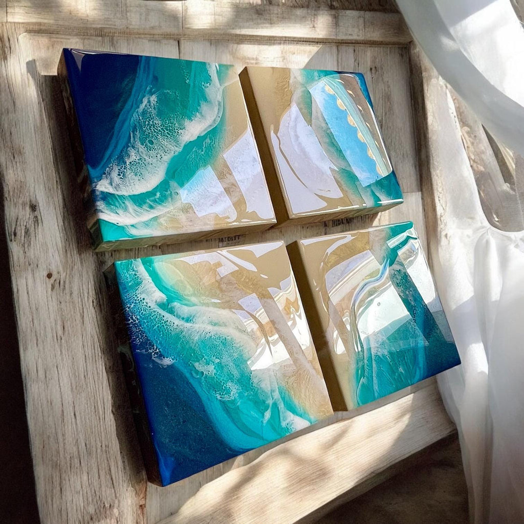 Ocean Resin Pour Art: Golden Sand, Lacey Waves (20cm x 20cm)