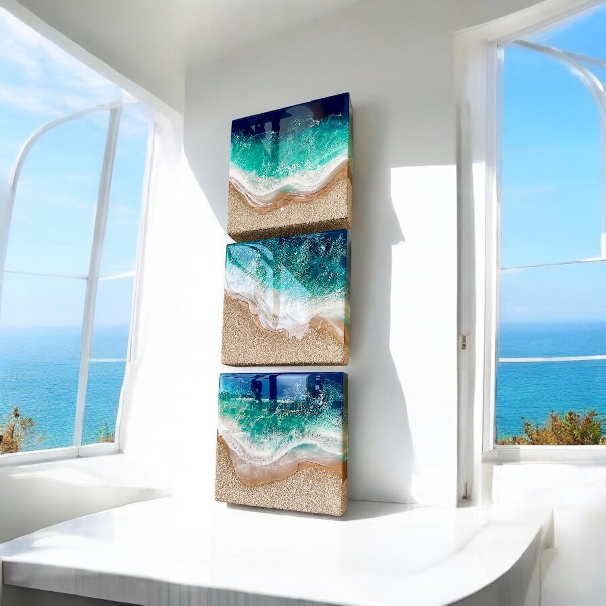 3D Resin Beach Art: Ocean Scene with Real Sand (20cm)