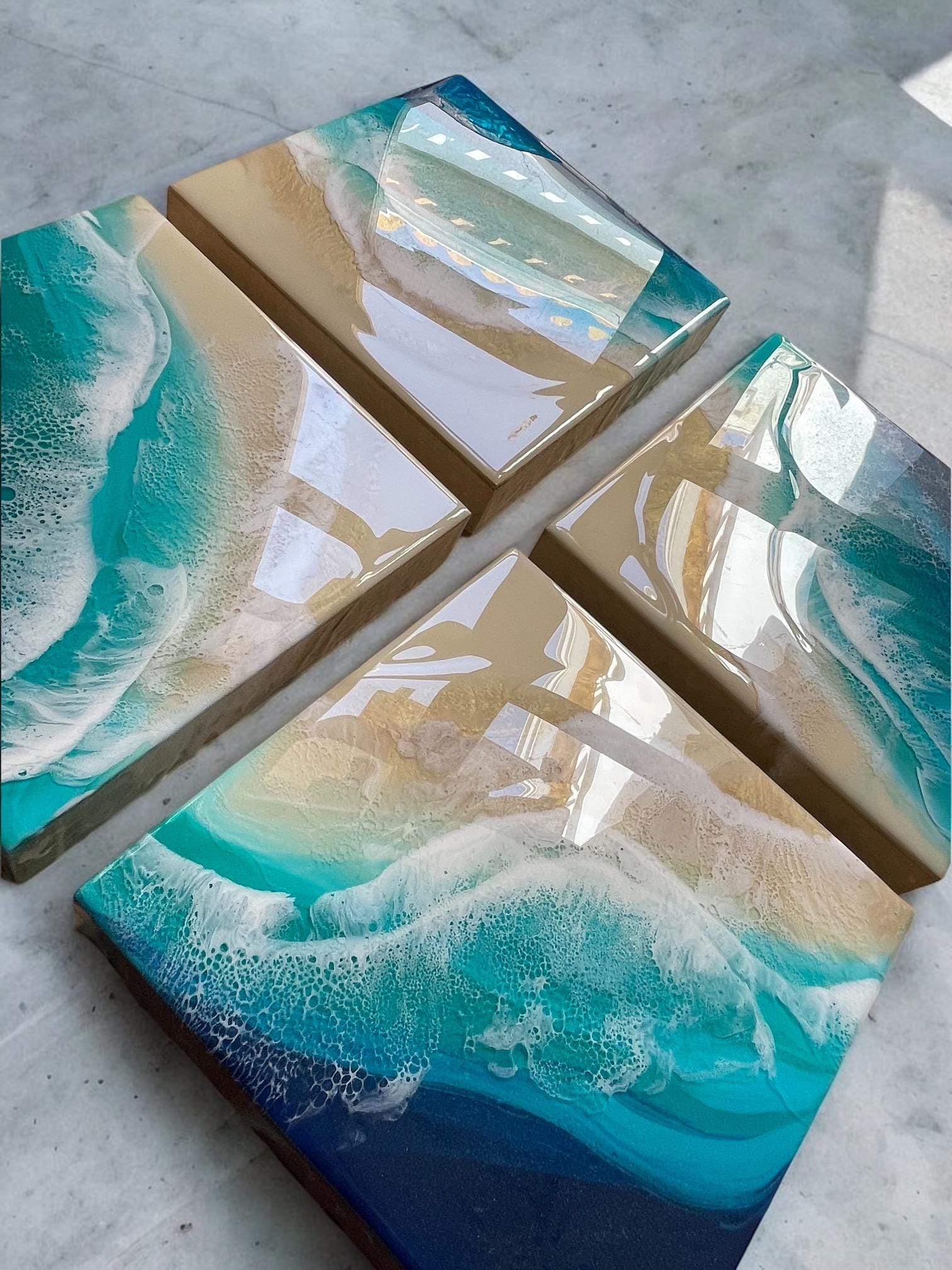 Ocean Resin Pour Art: Golden Sand, Lacey Waves (20cm x 20cm)