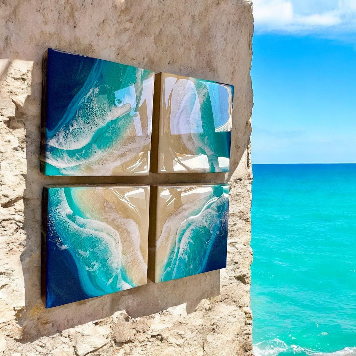 Ocean Resin Pour Art: Golden Sand, Lacey Waves (20cm x 20cm)