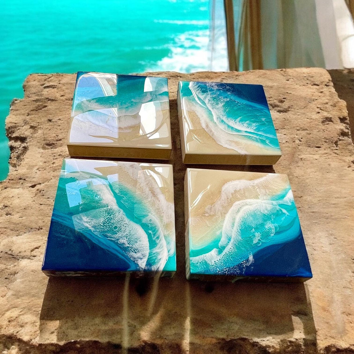 Ocean Resin Pour Art: Golden Sand, Lacey Waves (20cm x 20cm)