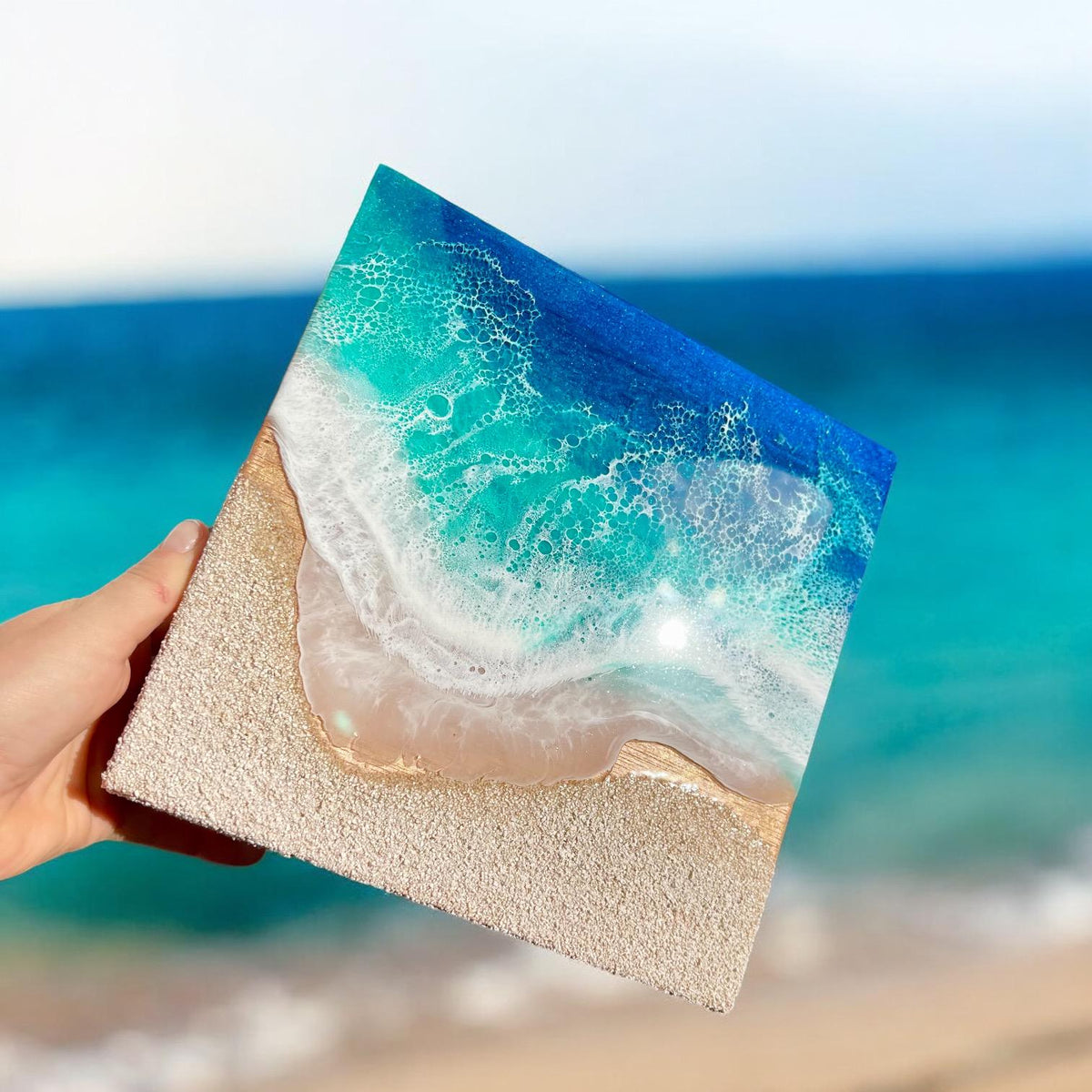 3D Resin Beach Art: Ocean Scene with Real Sand (20cm)